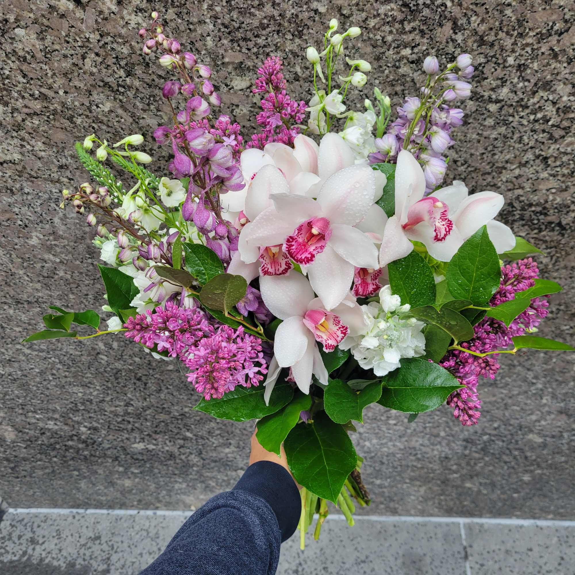 Lavender Lace Bouquet: Featuring white cymbidium orchids, hydrangeas, lilac, and stock, this, photo 4 of 4