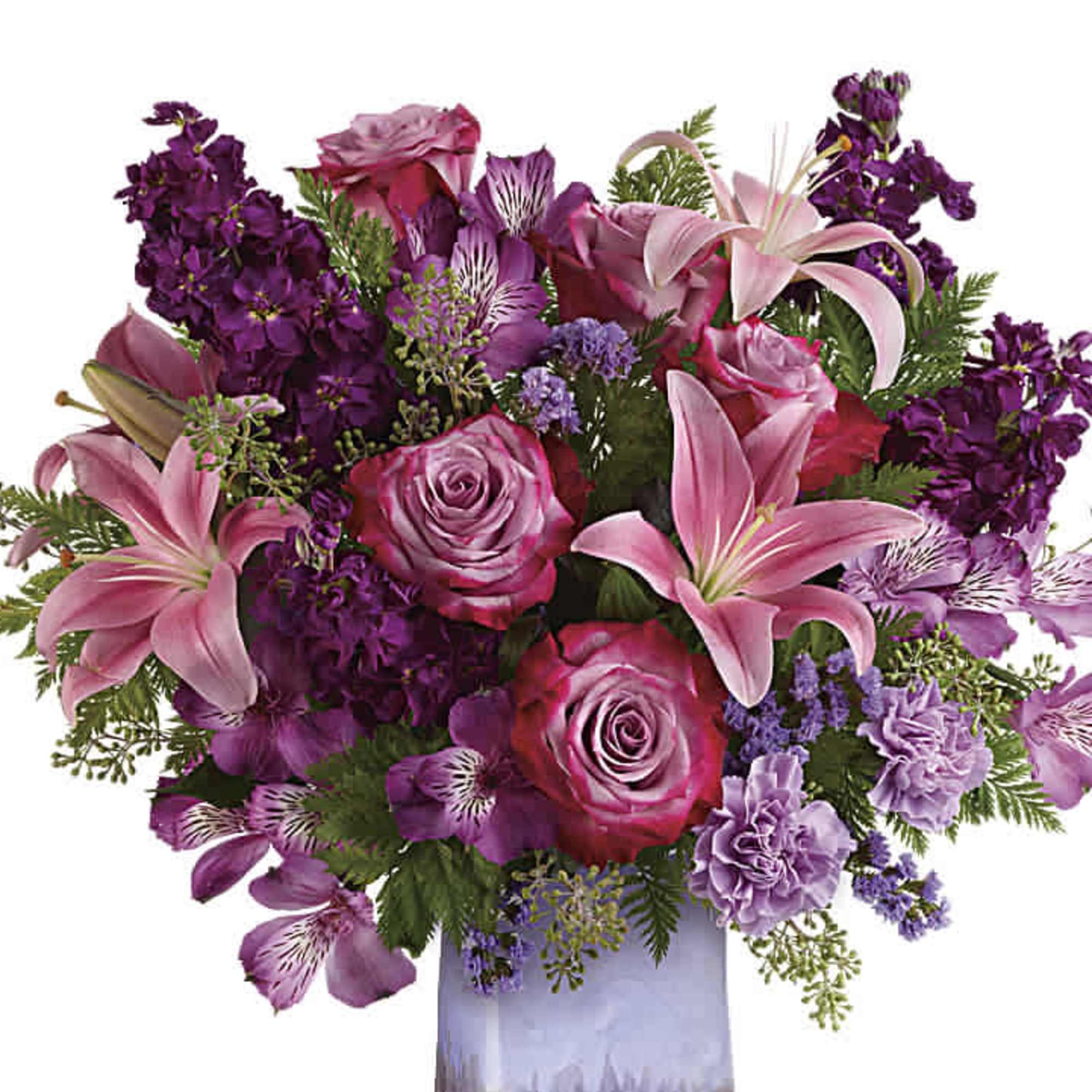 Like a rare jewel, this regal arrangement of lavender roses and pink, photo 2 of 2