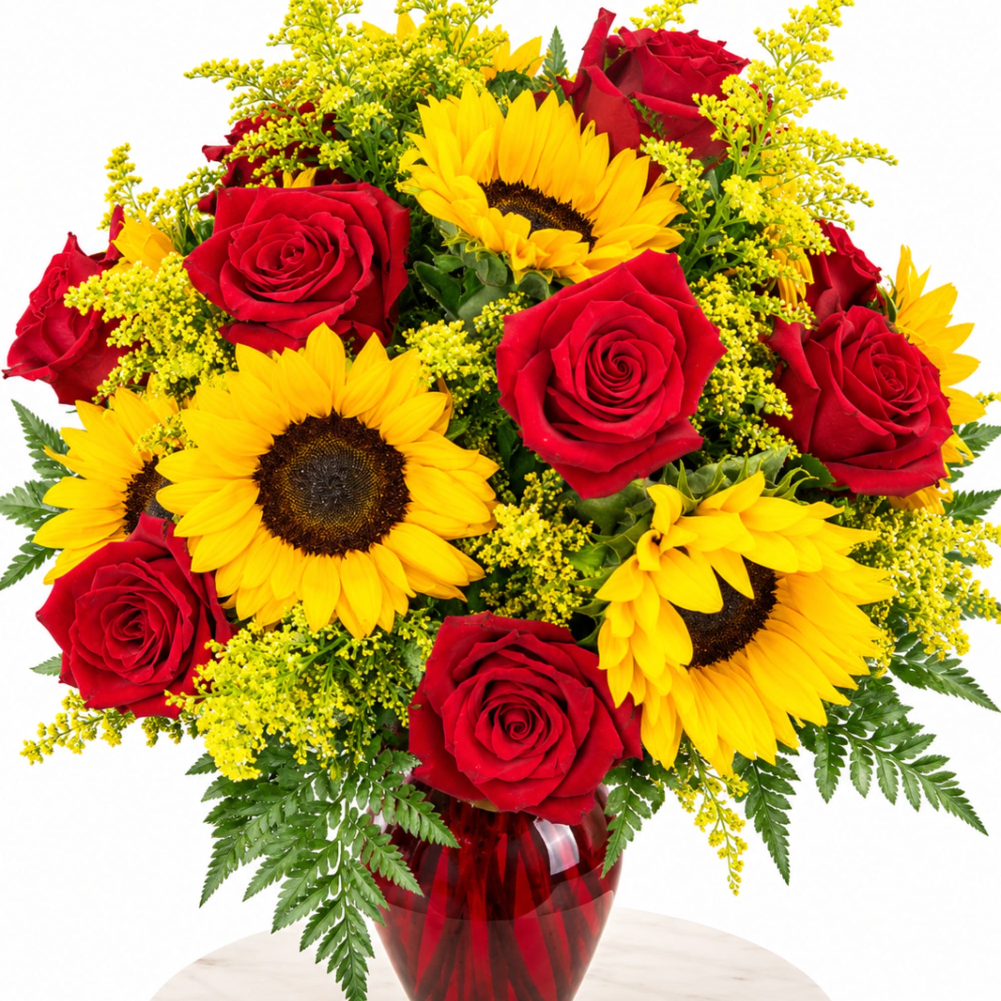 Bouquet of red roses and yellow sunflowers in a red vase