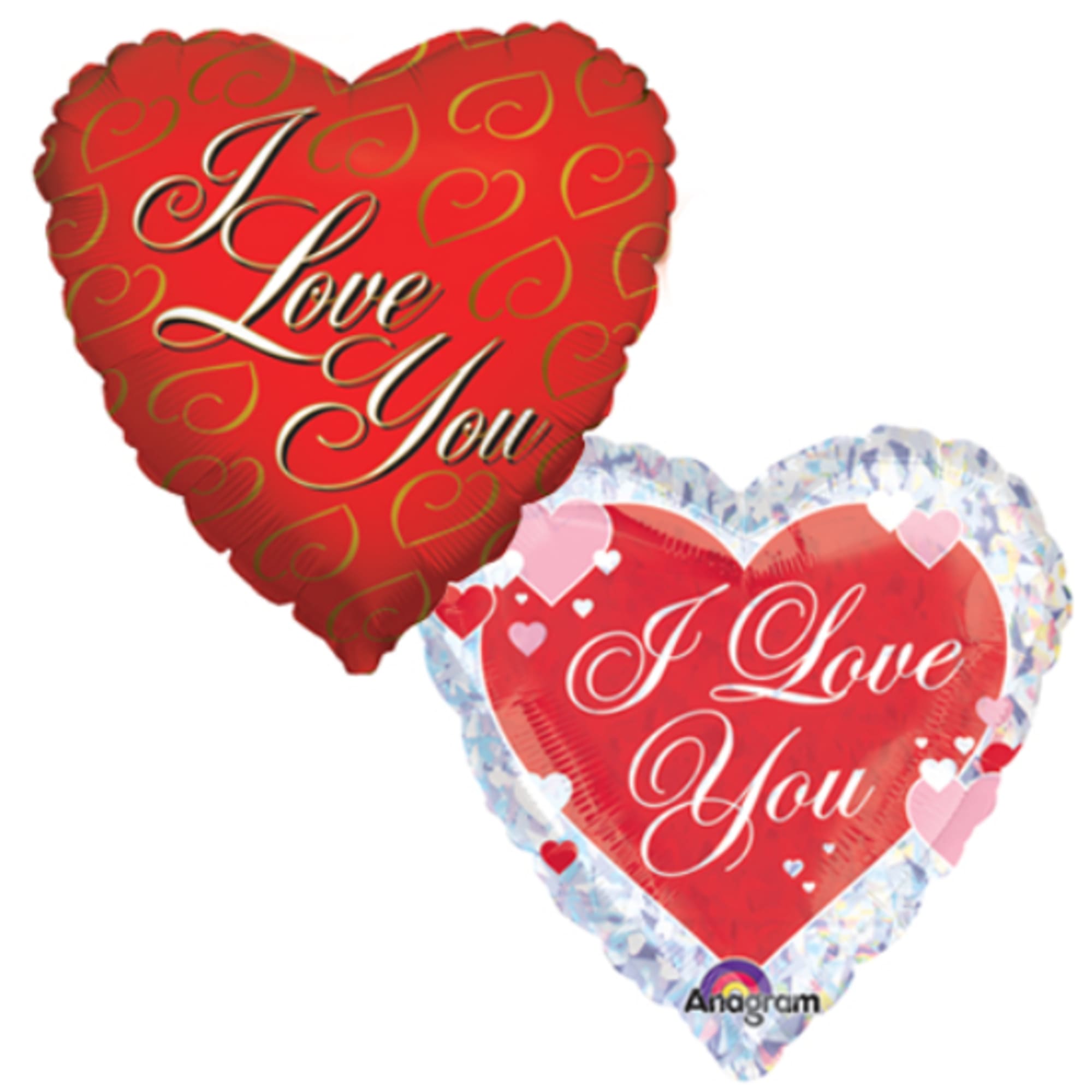 Two heart-shaped balloons with "I Love You" text