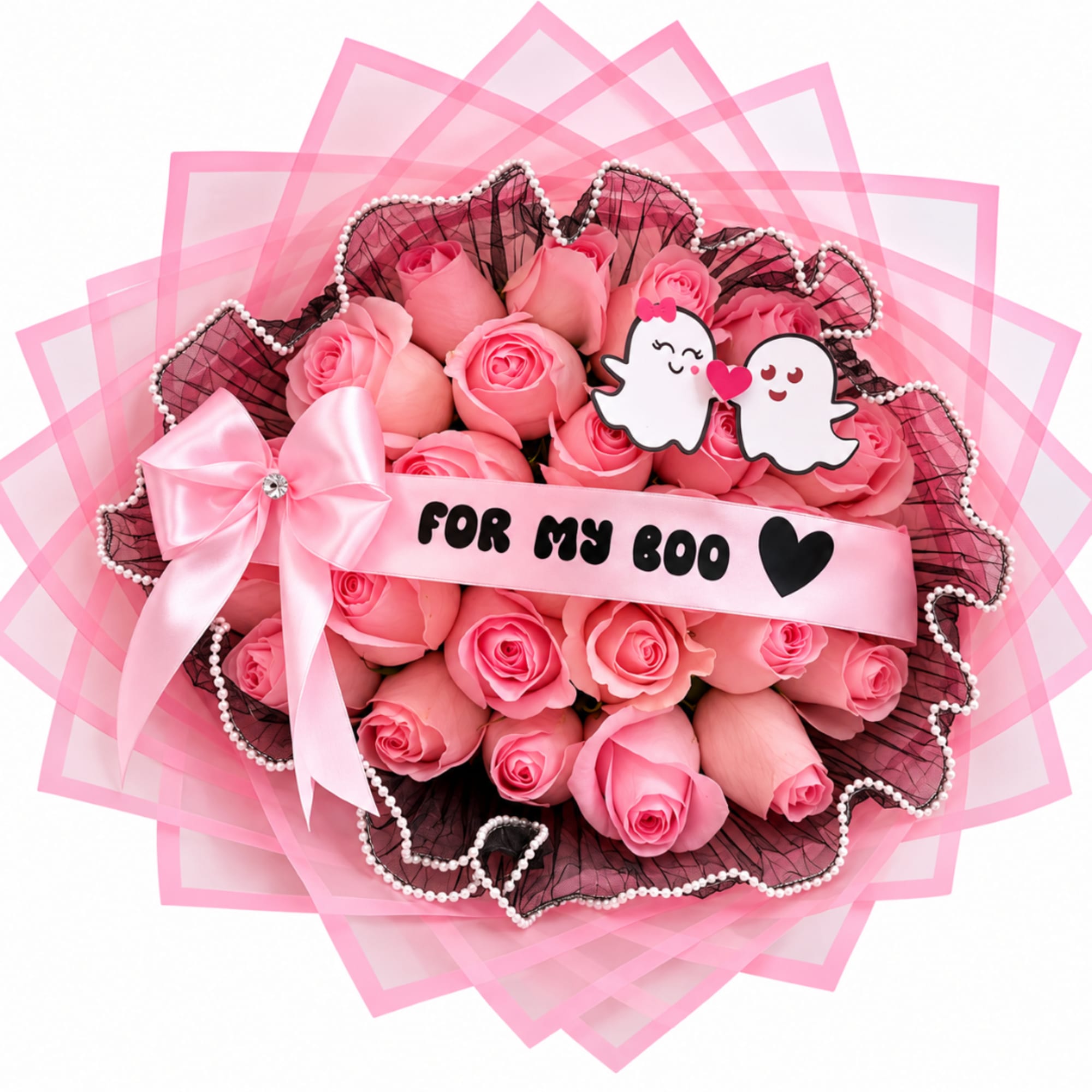 Pink rose bouquet with a satin bow and cartoon ghost toppers