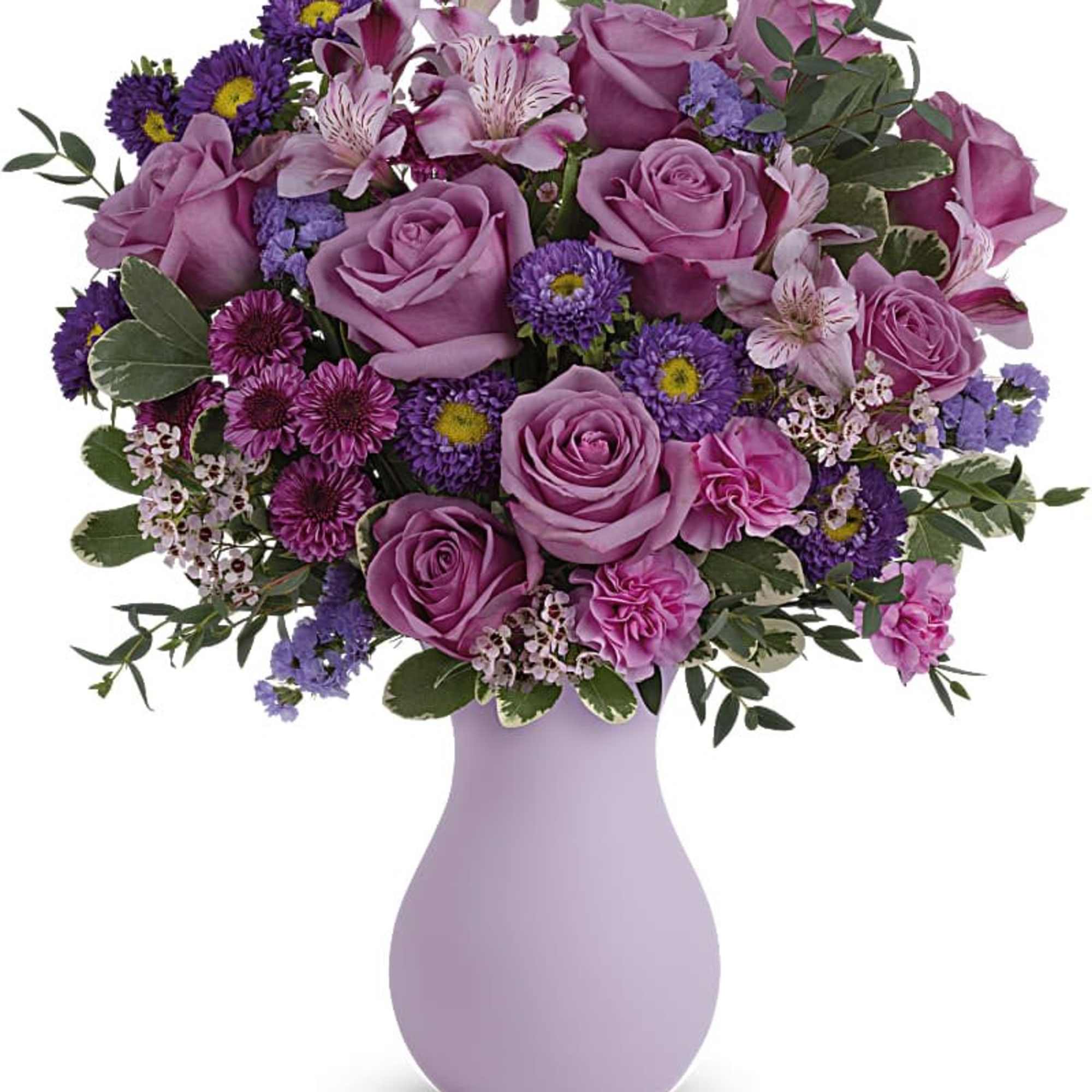 Pink and purple mixed bouquet in a lavender vase