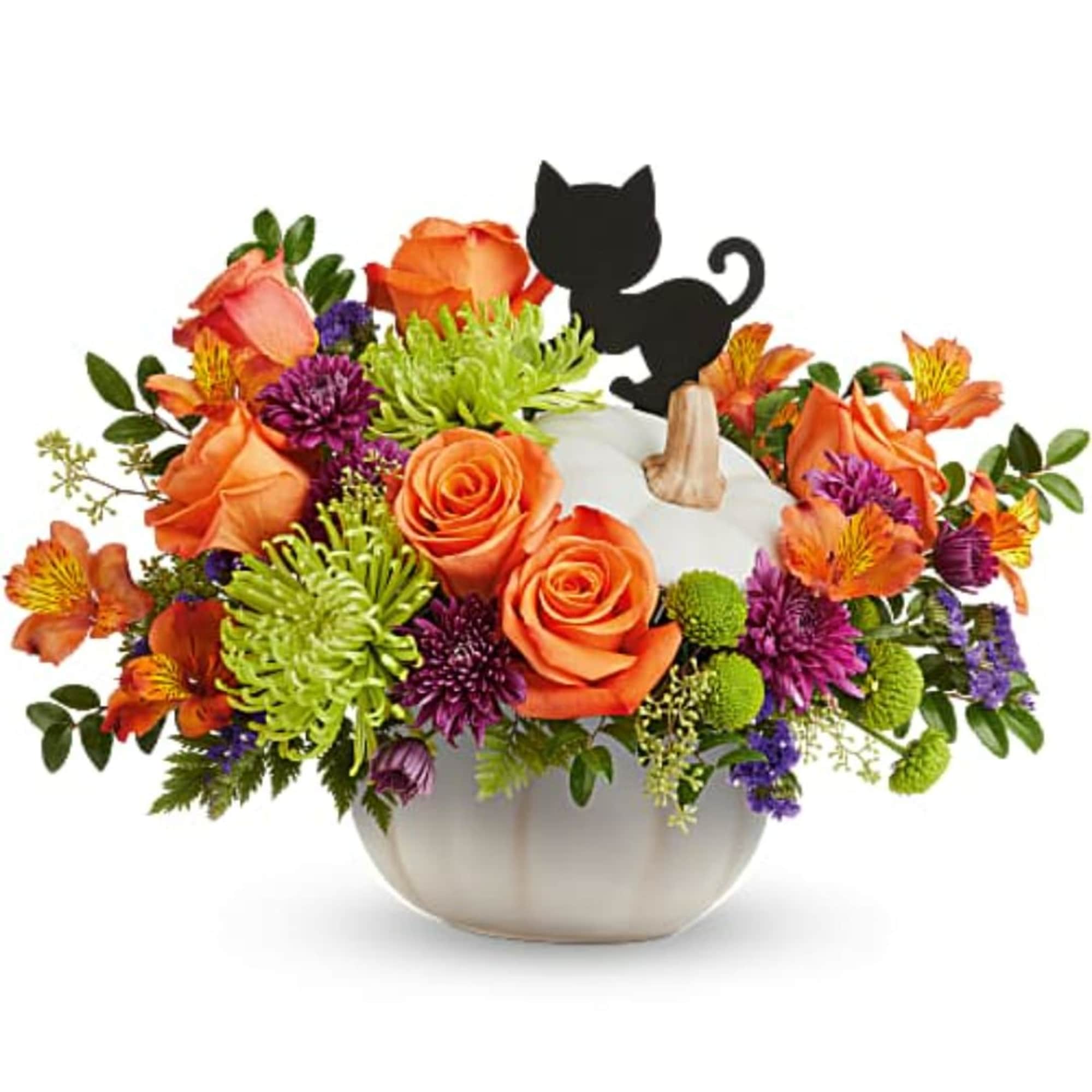 Bright orange roses and alstroemeria spill from a white ceramic pumpkin vase