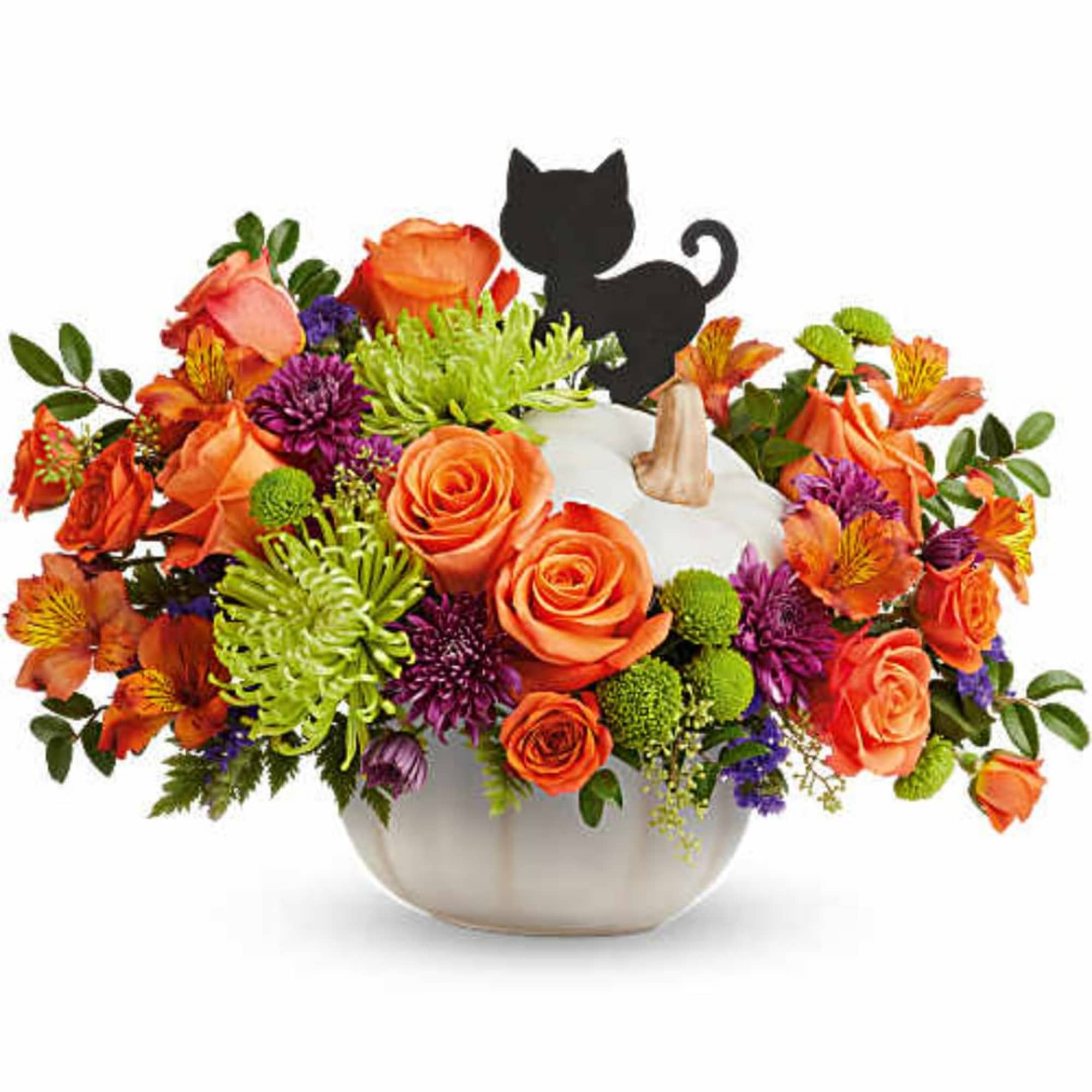 Bright orange roses and alstroemeria spill from a white ceramic pumpkin vase