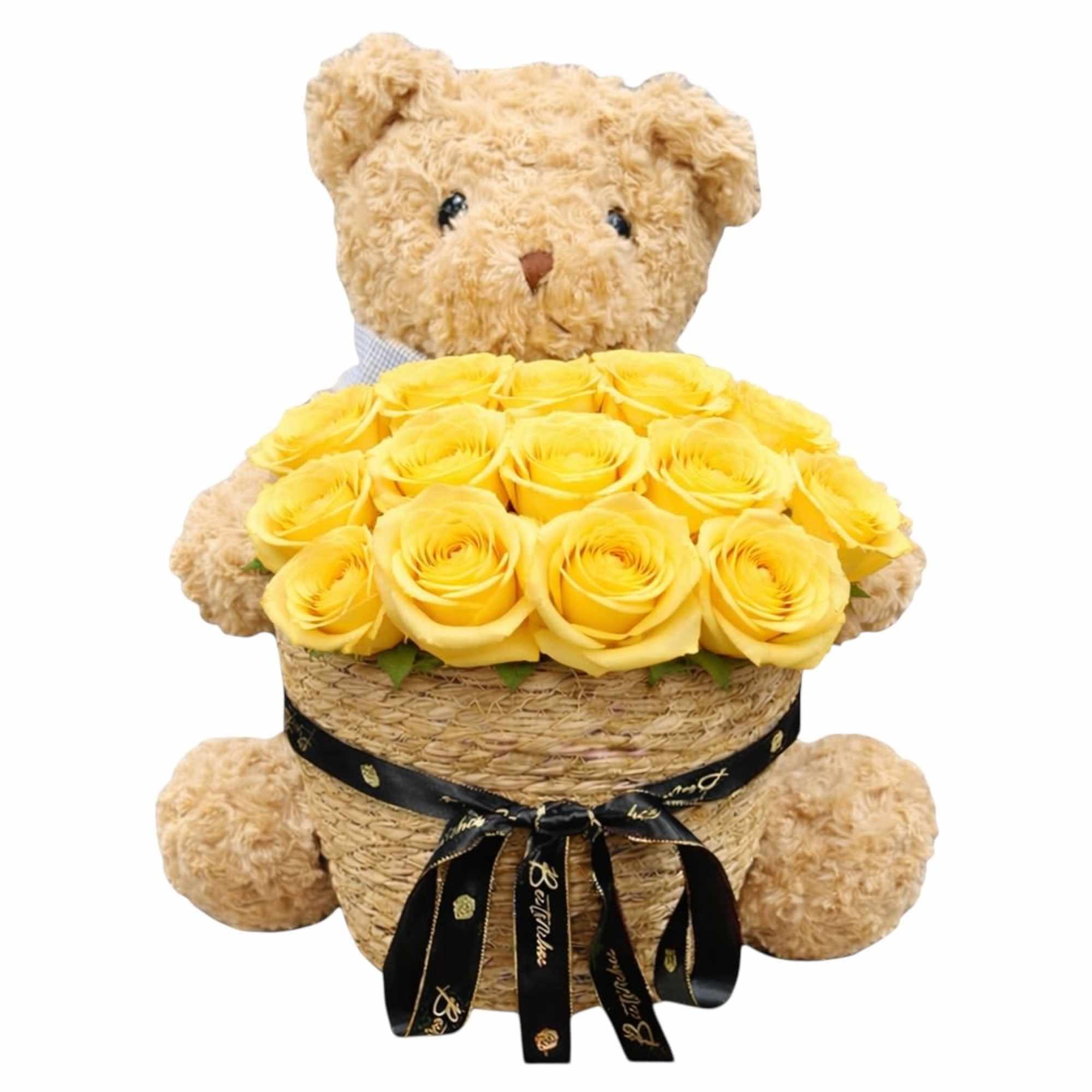 Teddy bear holding a basket of yellow roses