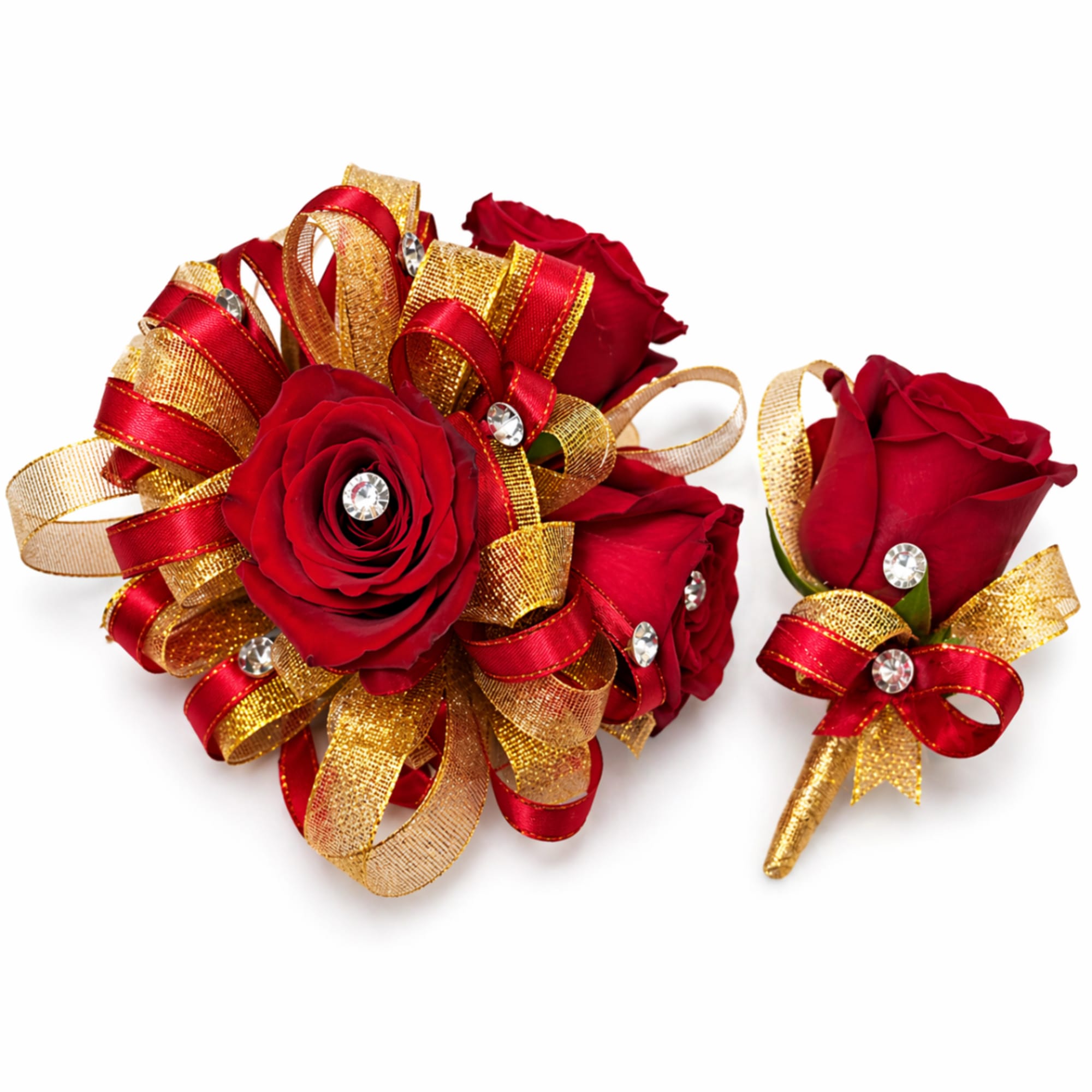 Saturated red roses form a compact, wearable cluster in this red rose