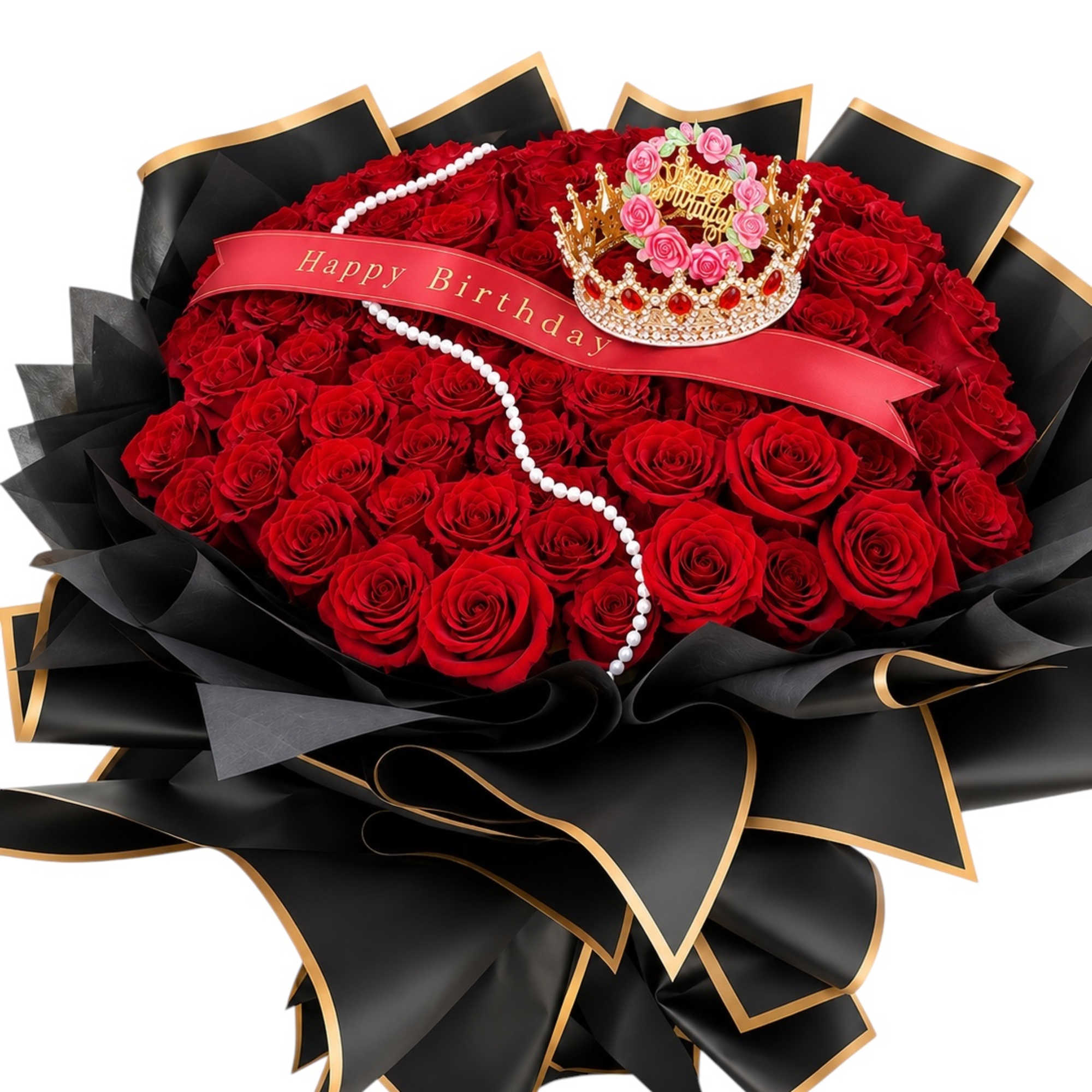Large bouquet of red roses with a birthday ribbon and crown decoration