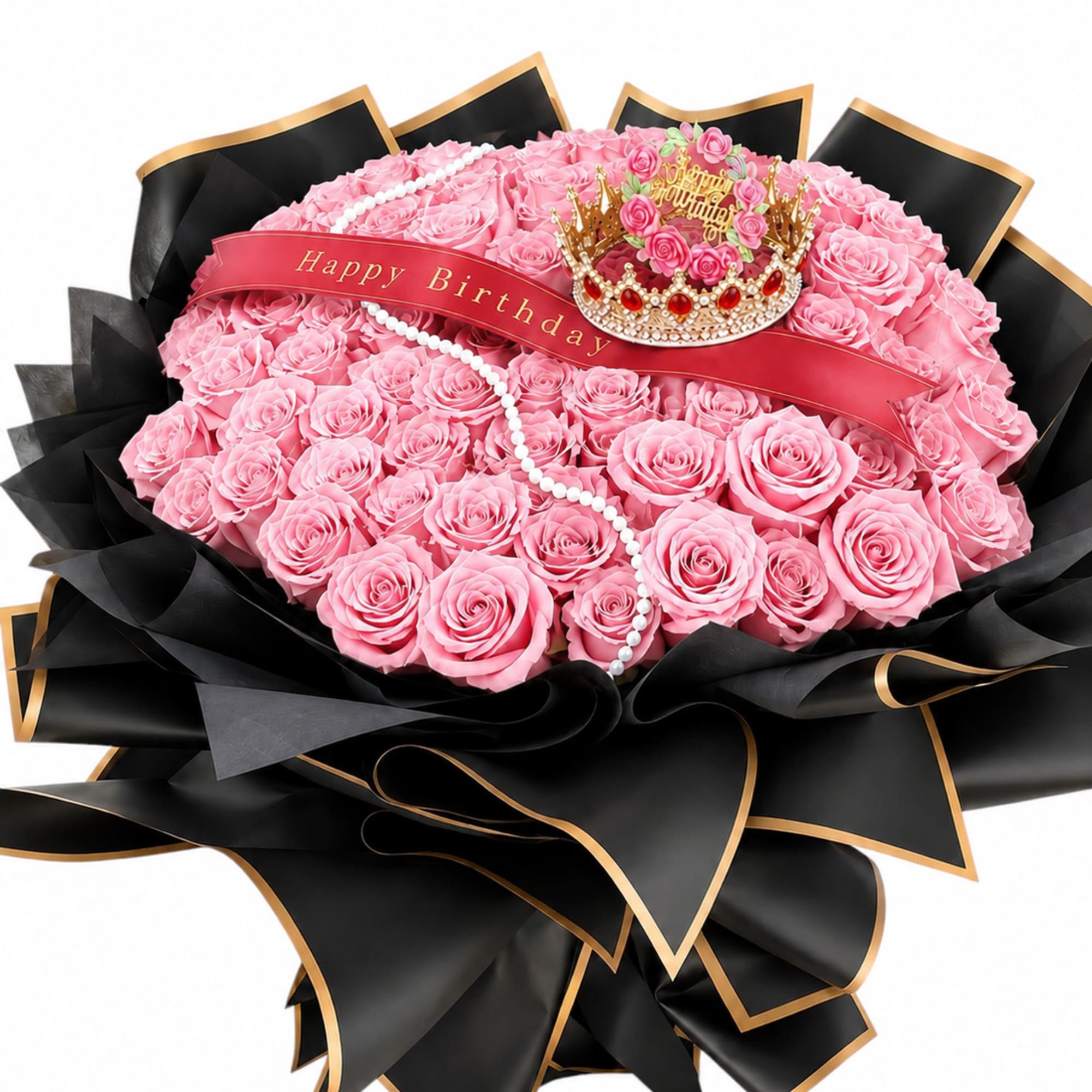 Pink rose bouquet with a birthday ribbon, crown, and black wrapping