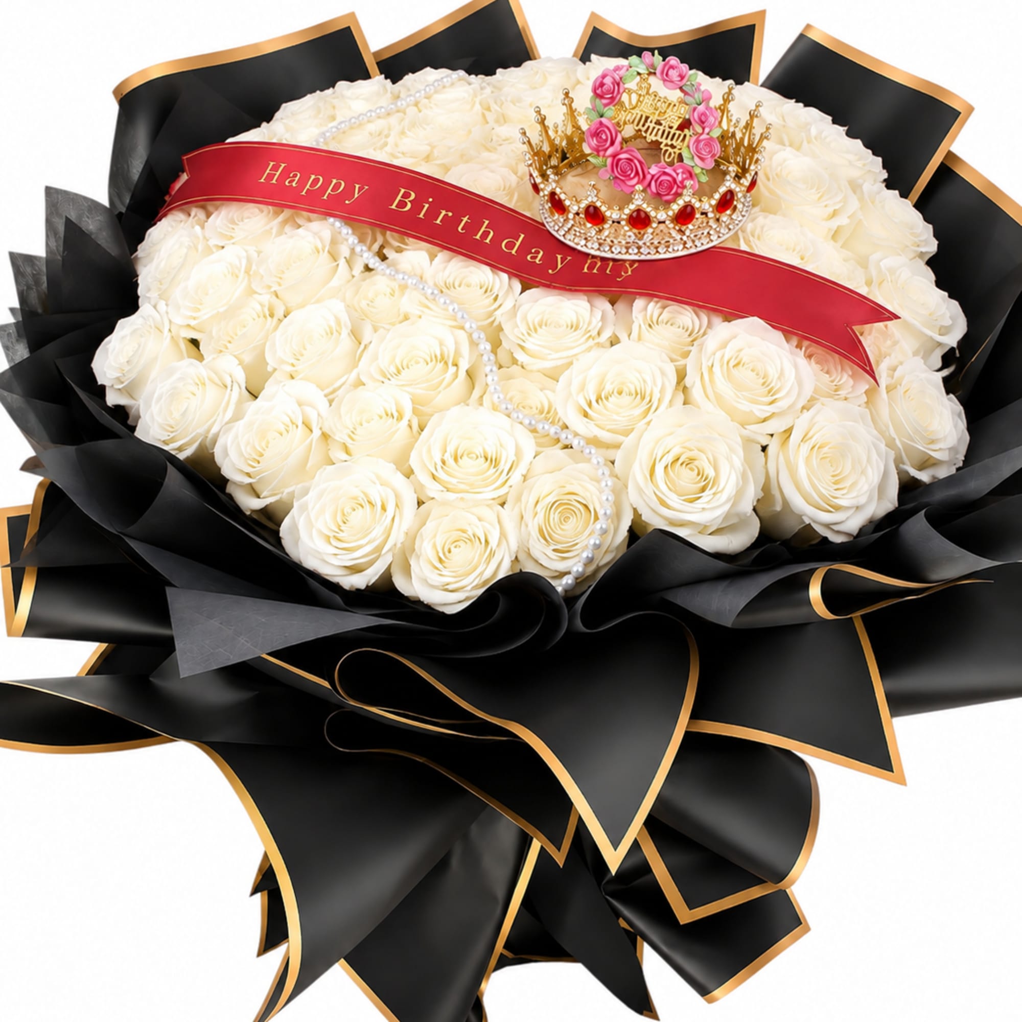 White rose bouquet with a birthday ribbon and crown topper