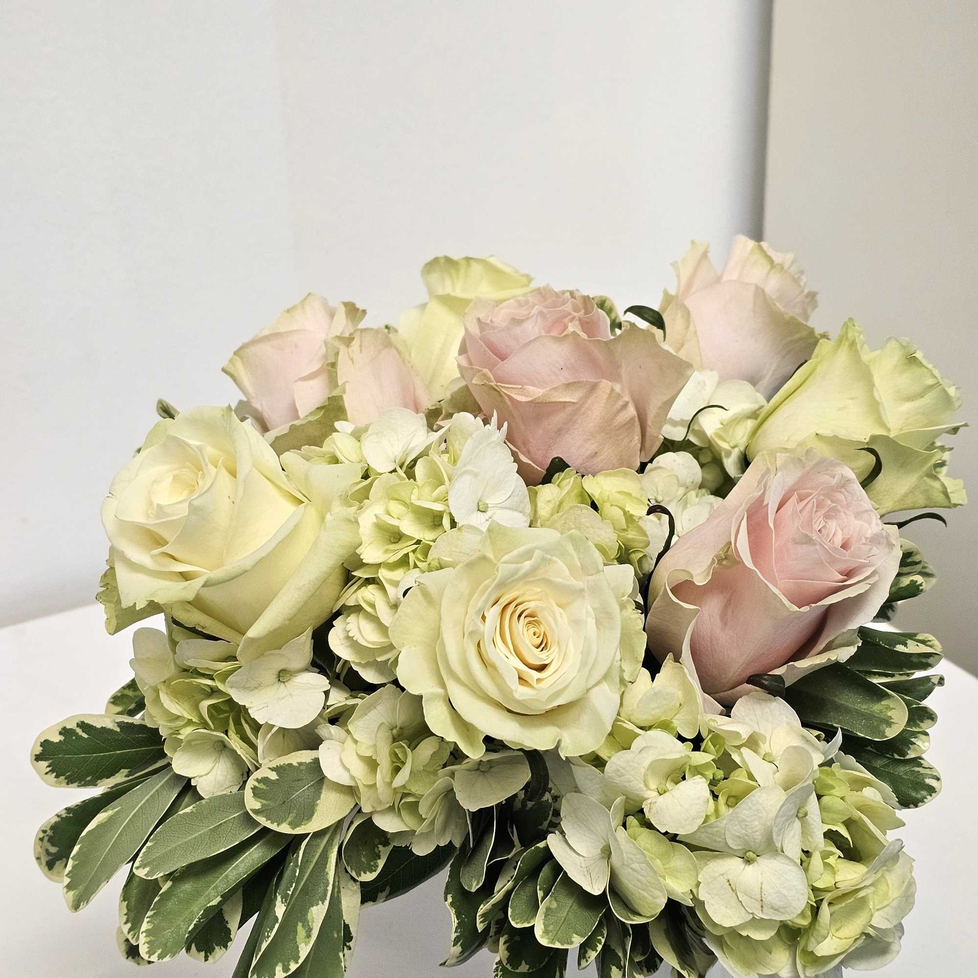 Arrangement of pale roses and hydrangeas in a white square vase