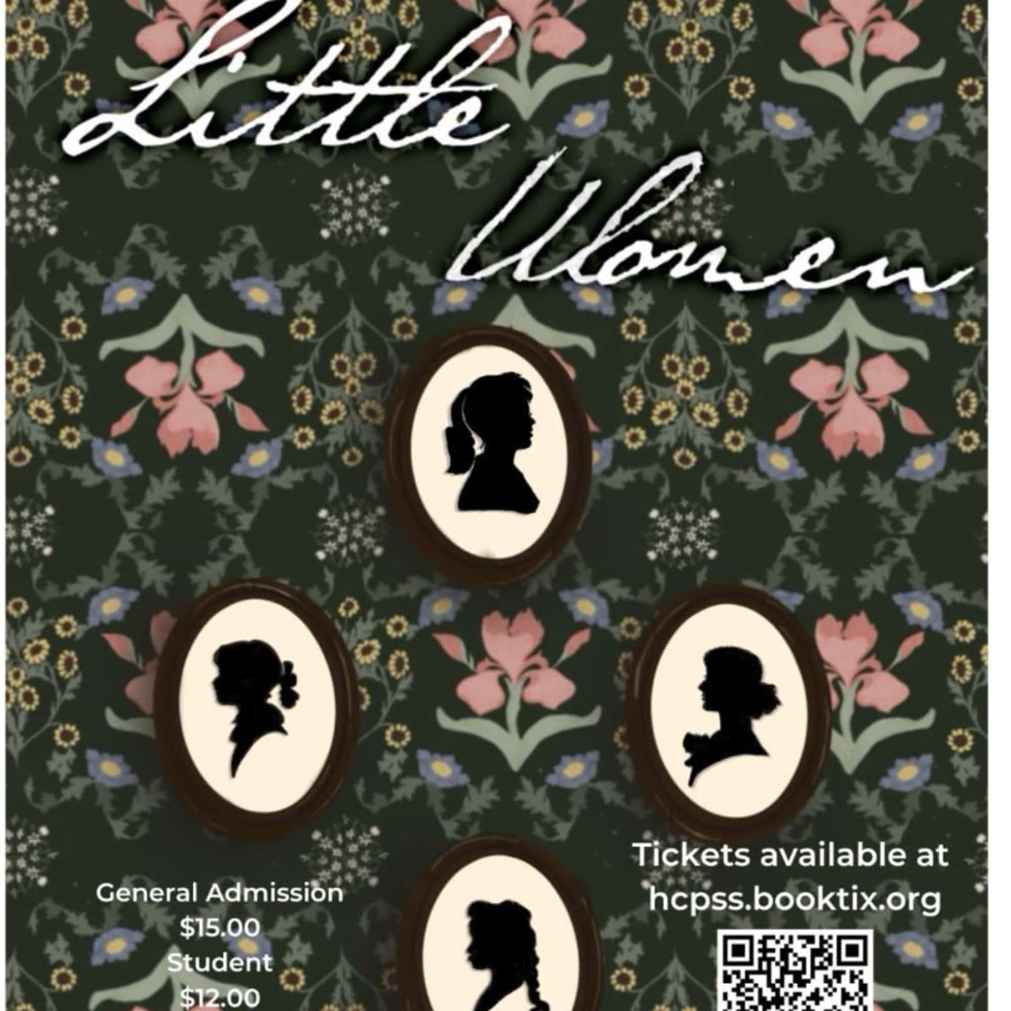 Little Women theater poster with floral wallpaper and silhouette portraits