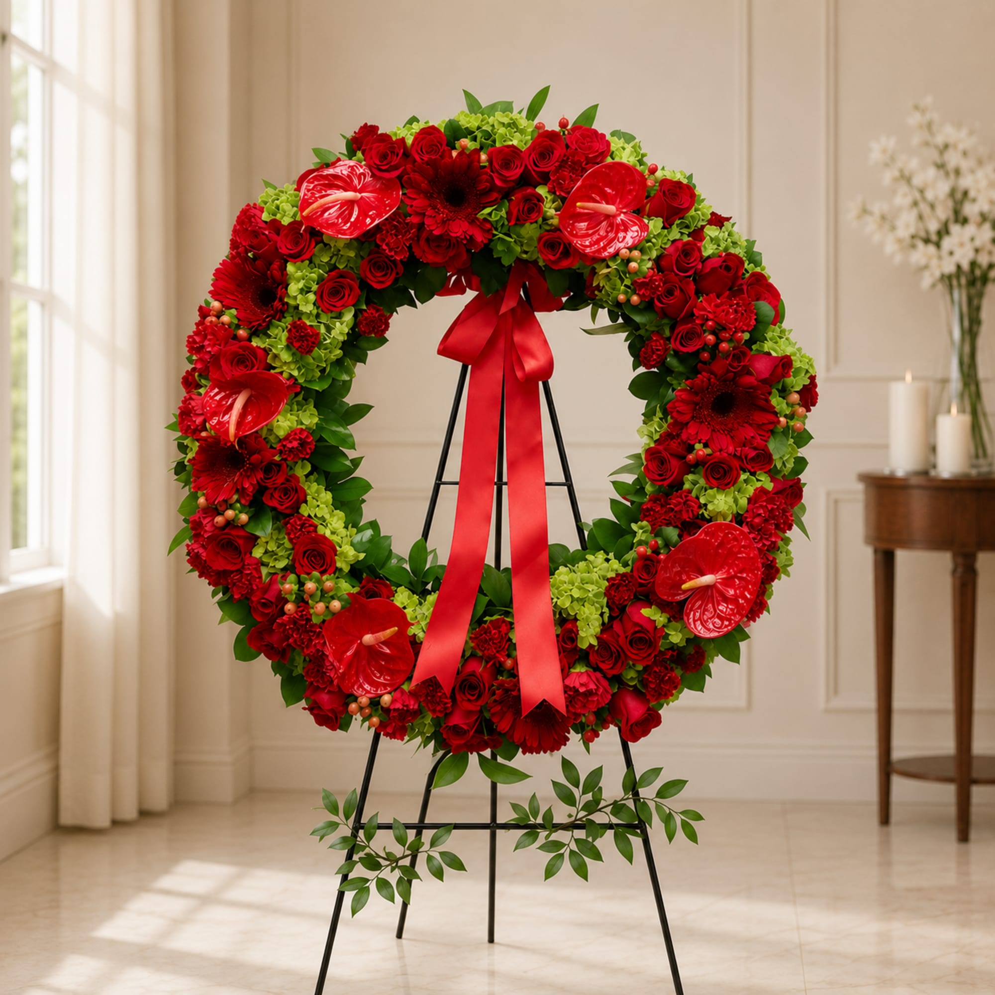 Red floral wreath on a black stand with a ribbon bow