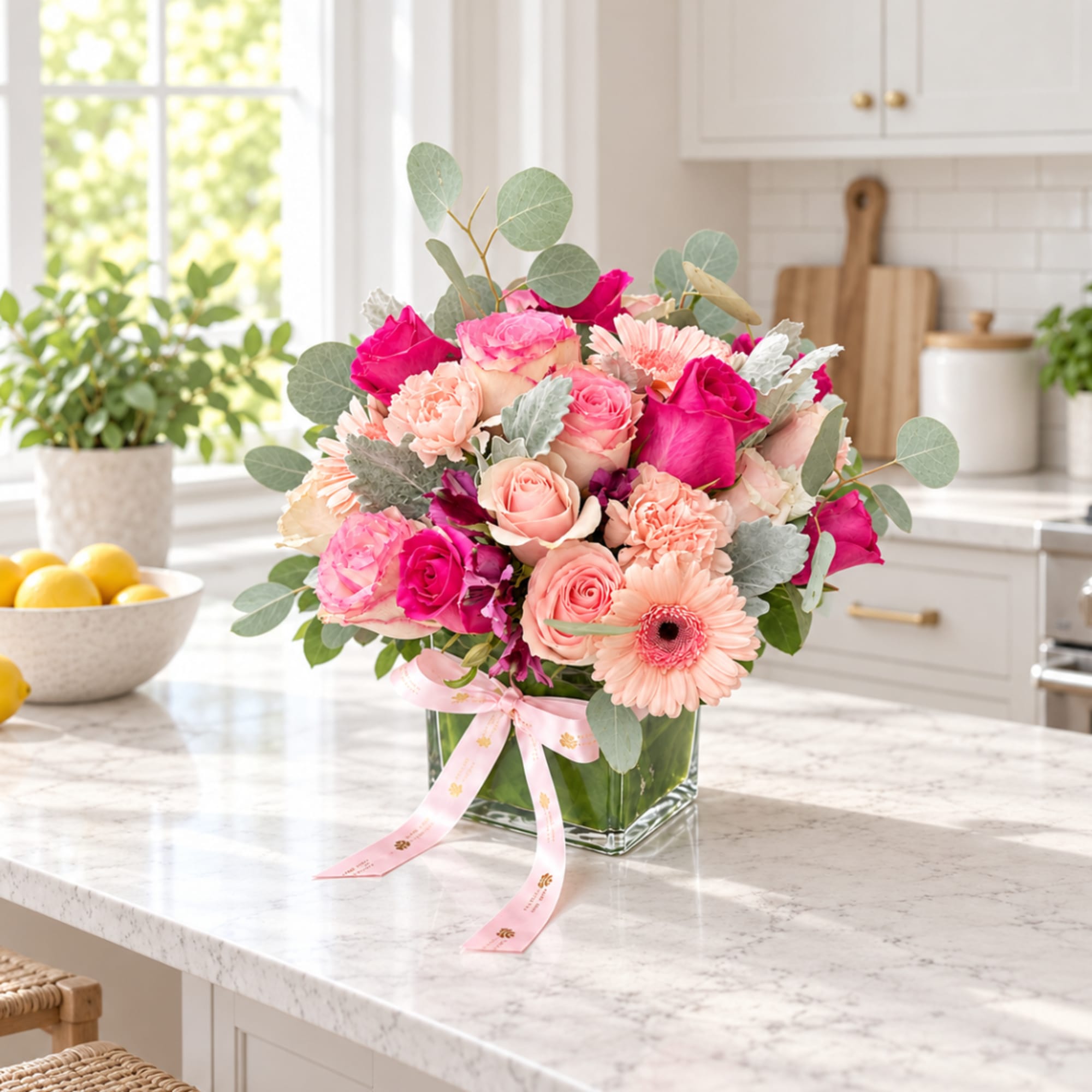 Pink and peach flower arrangement in a square glass vase with a ribbon