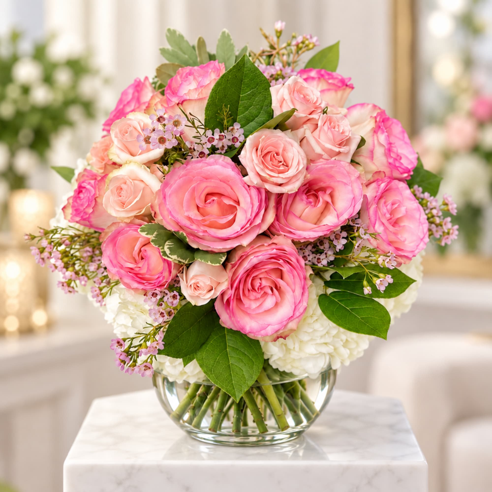 Pink roses and white hydrangeas in a clear glass bowl vase