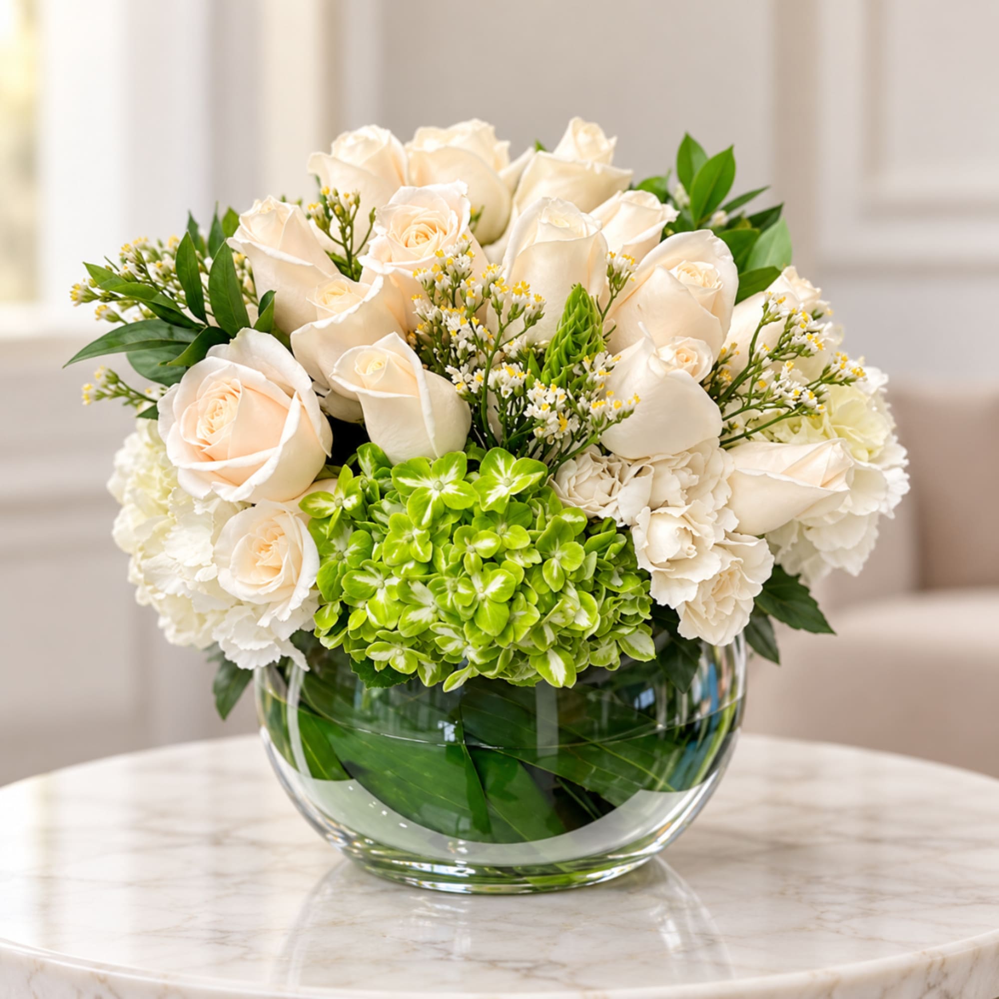 Cream roses and white blooms arranged in a clear glass bowl vase
