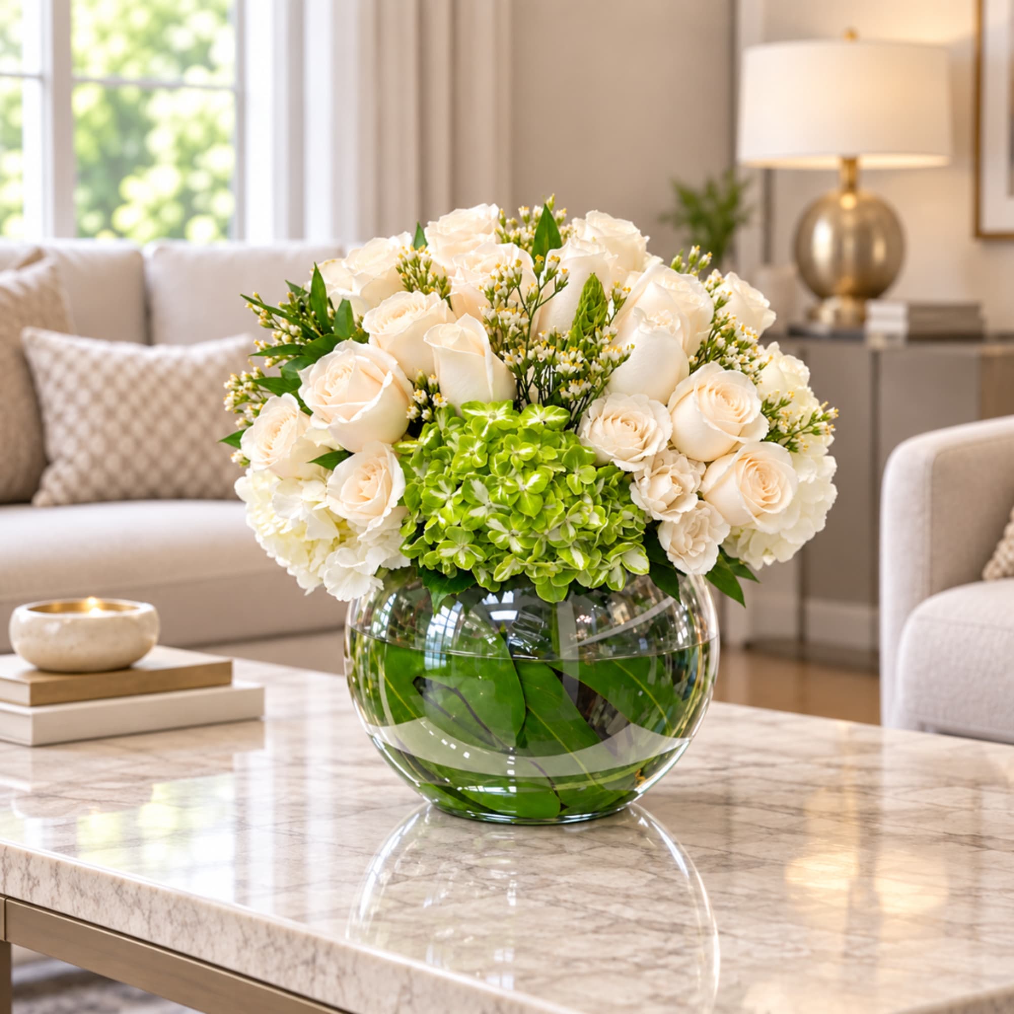 White roses and green hydrangea in a round glass vase