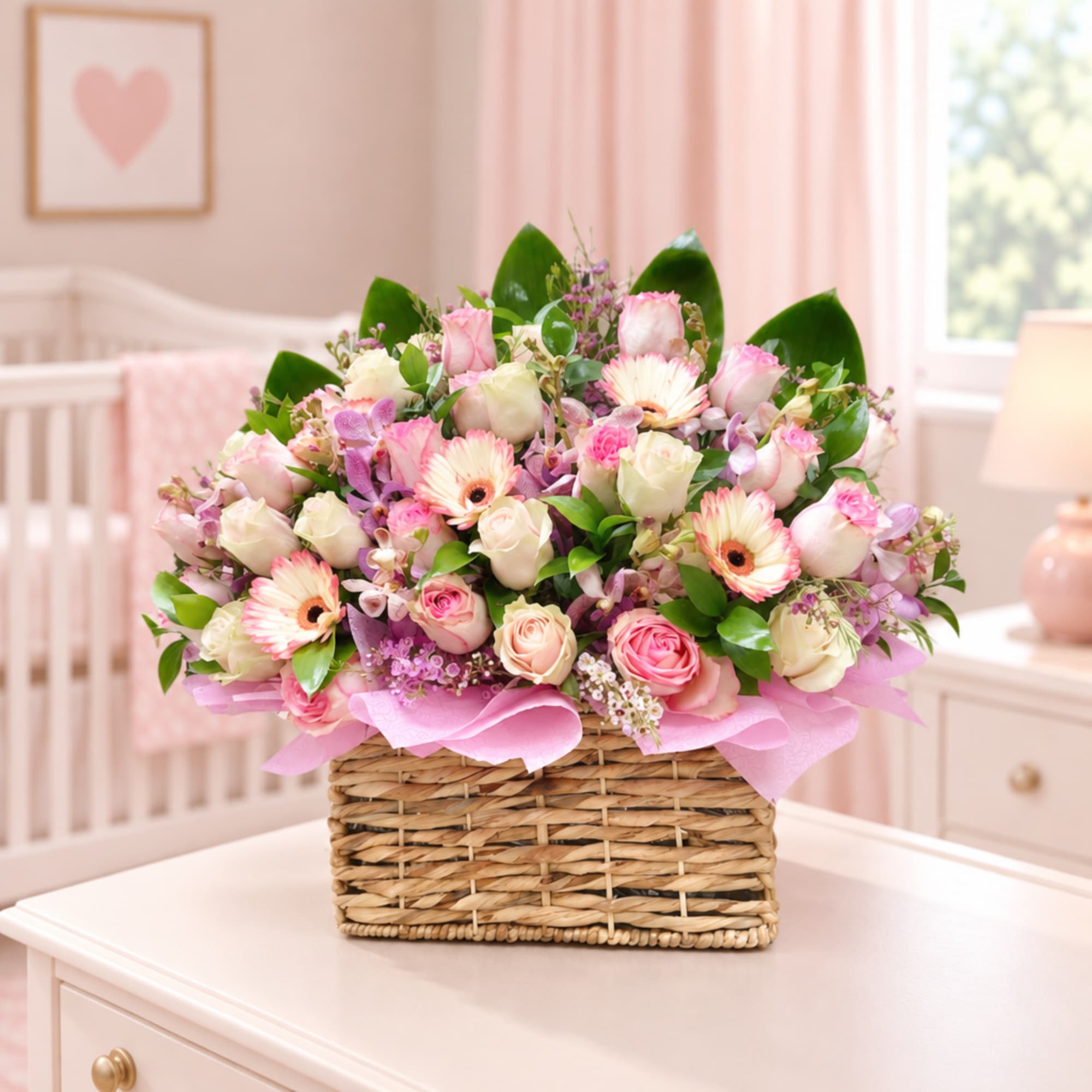 Pink and white flower arrangement in a woven basket on a table