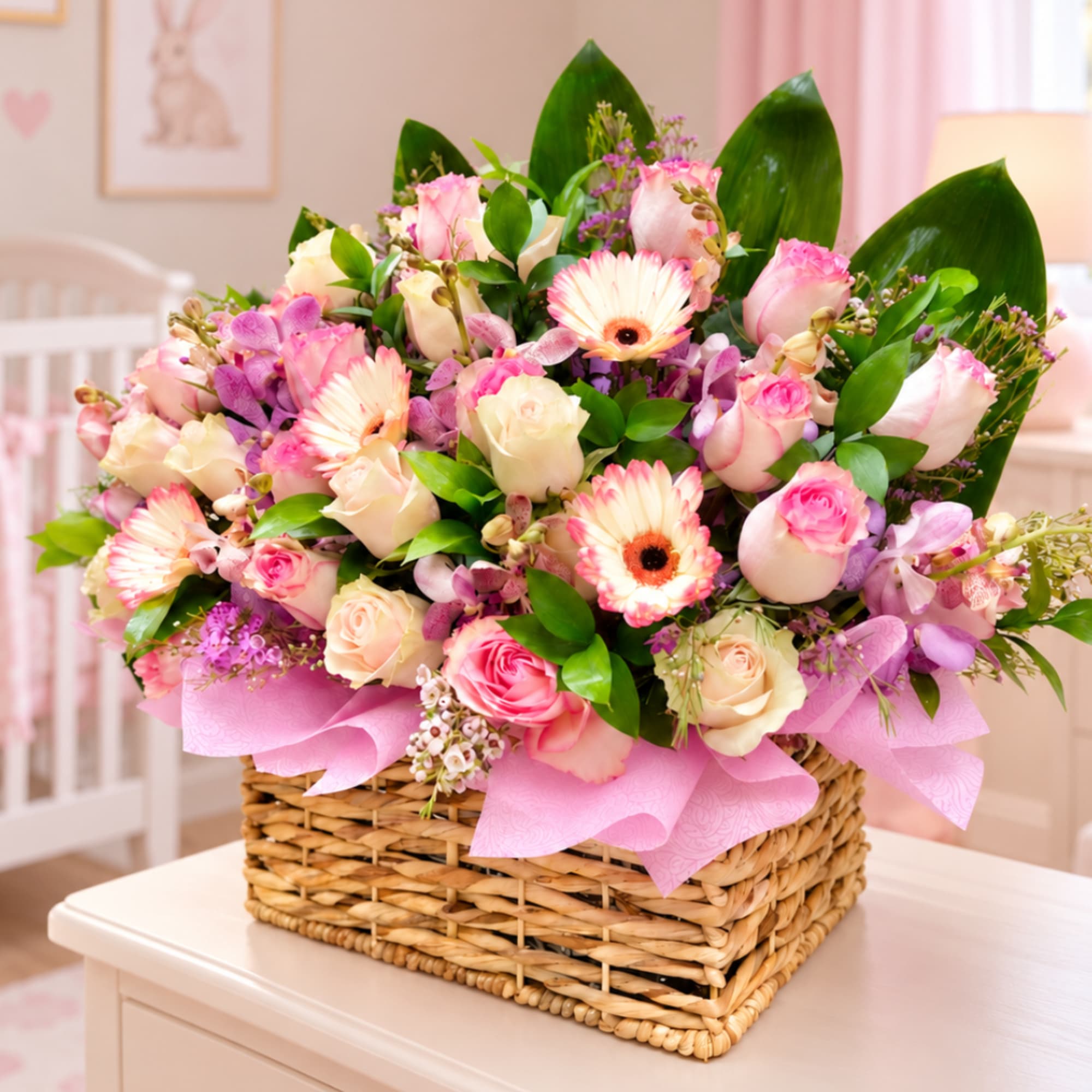 Pink and cream flower arrangement in a wicker basket