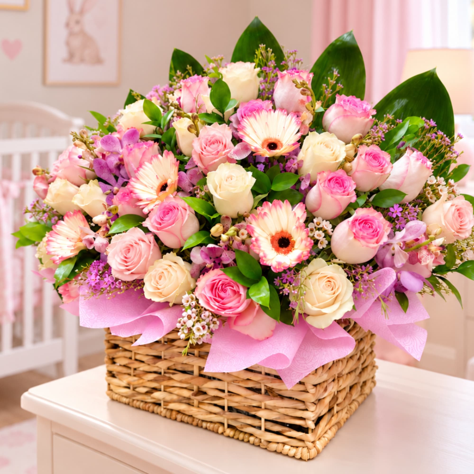 Pink and cream rose bouquet in a wicker basket with pink ribbon