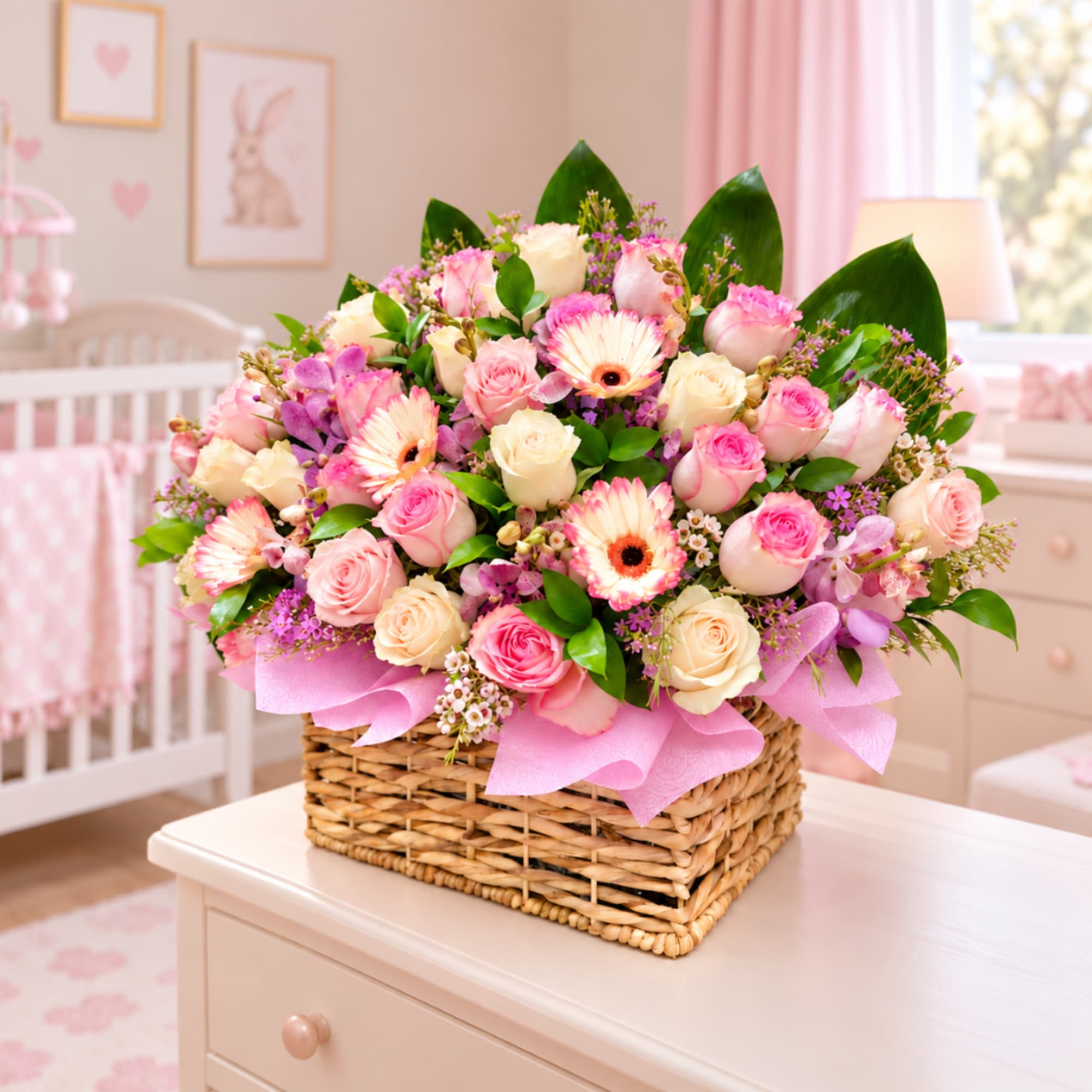 Pink and cream rose bouquet in a wicker basket with a pink ribbon