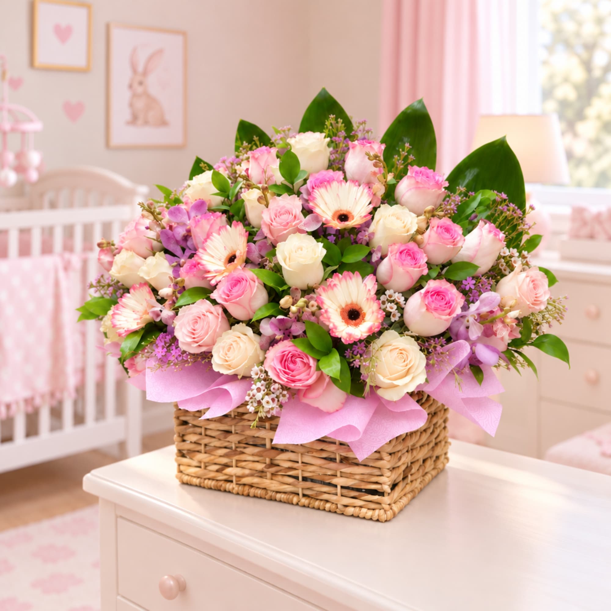 Pink and cream flower arrangement in a wicker basket with a ribbon