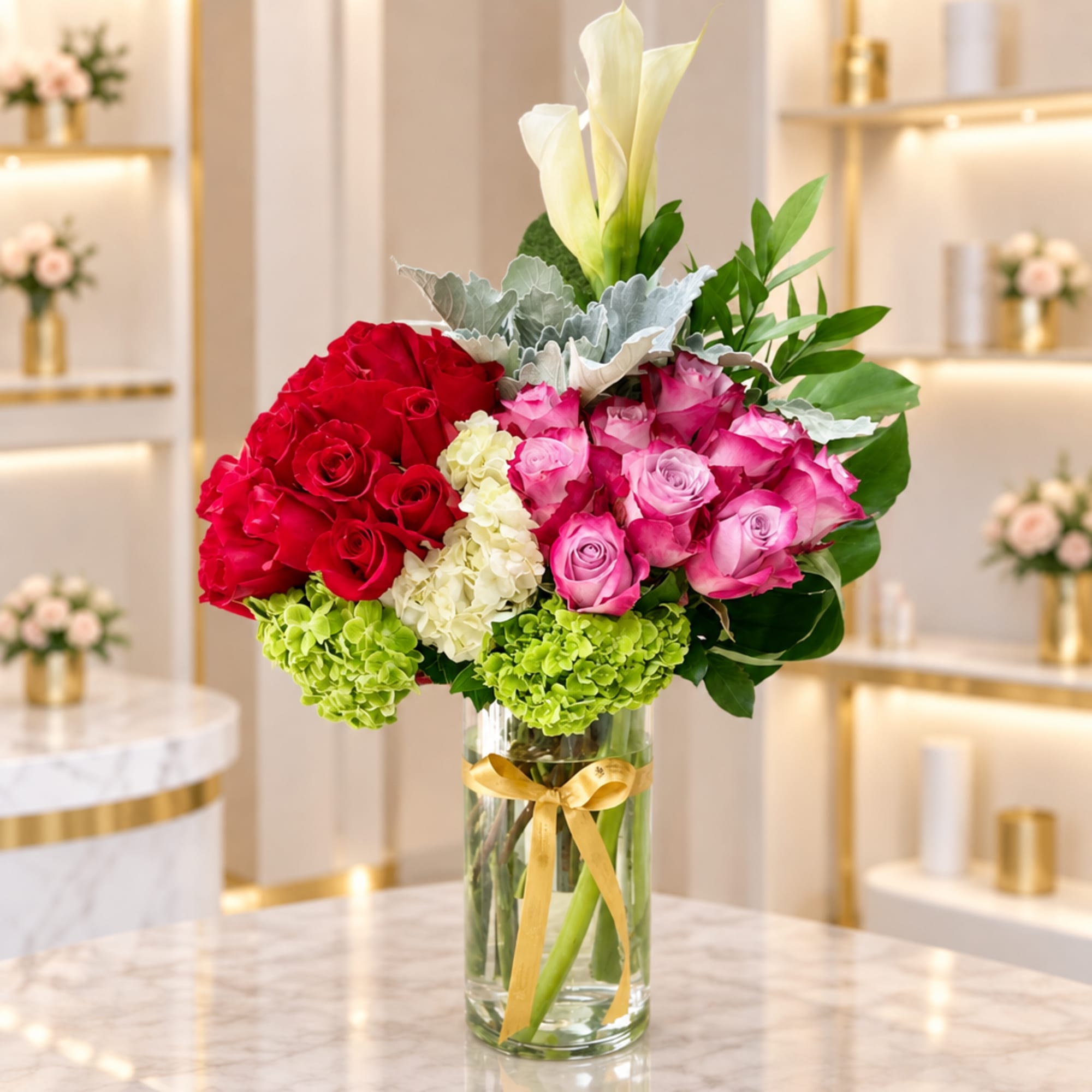 Bouquet of red and pink roses in a clear glass vase with a gold ribbon