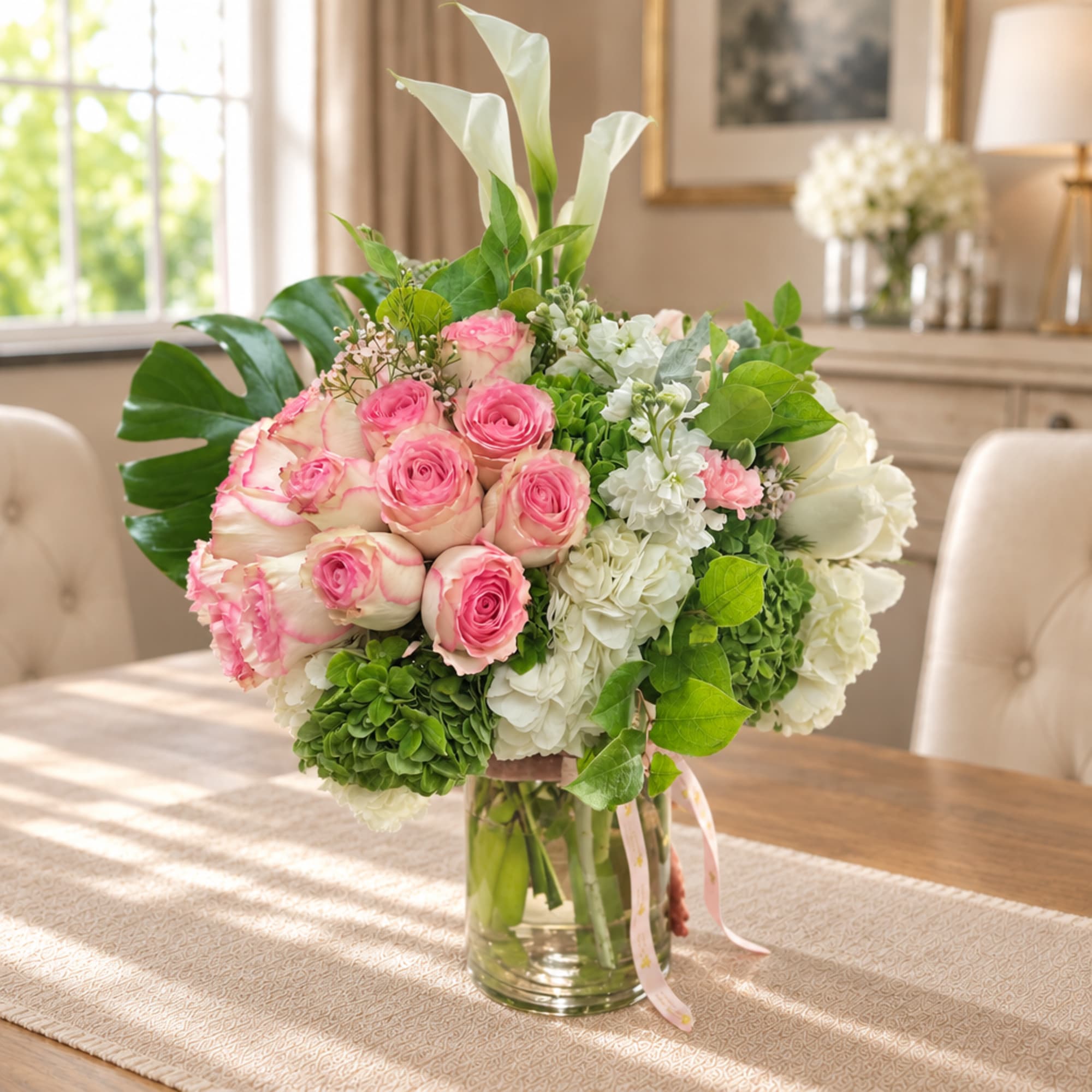 Pink and white rose bouquet in a clear glass vase, photo 4 of 5