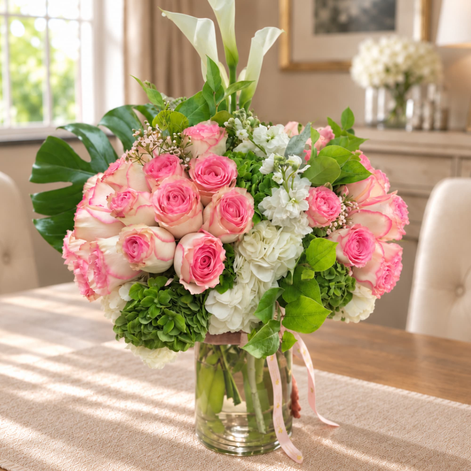 Pink roses and white flowers arranged in a clear glass vase, photo 2 of 5