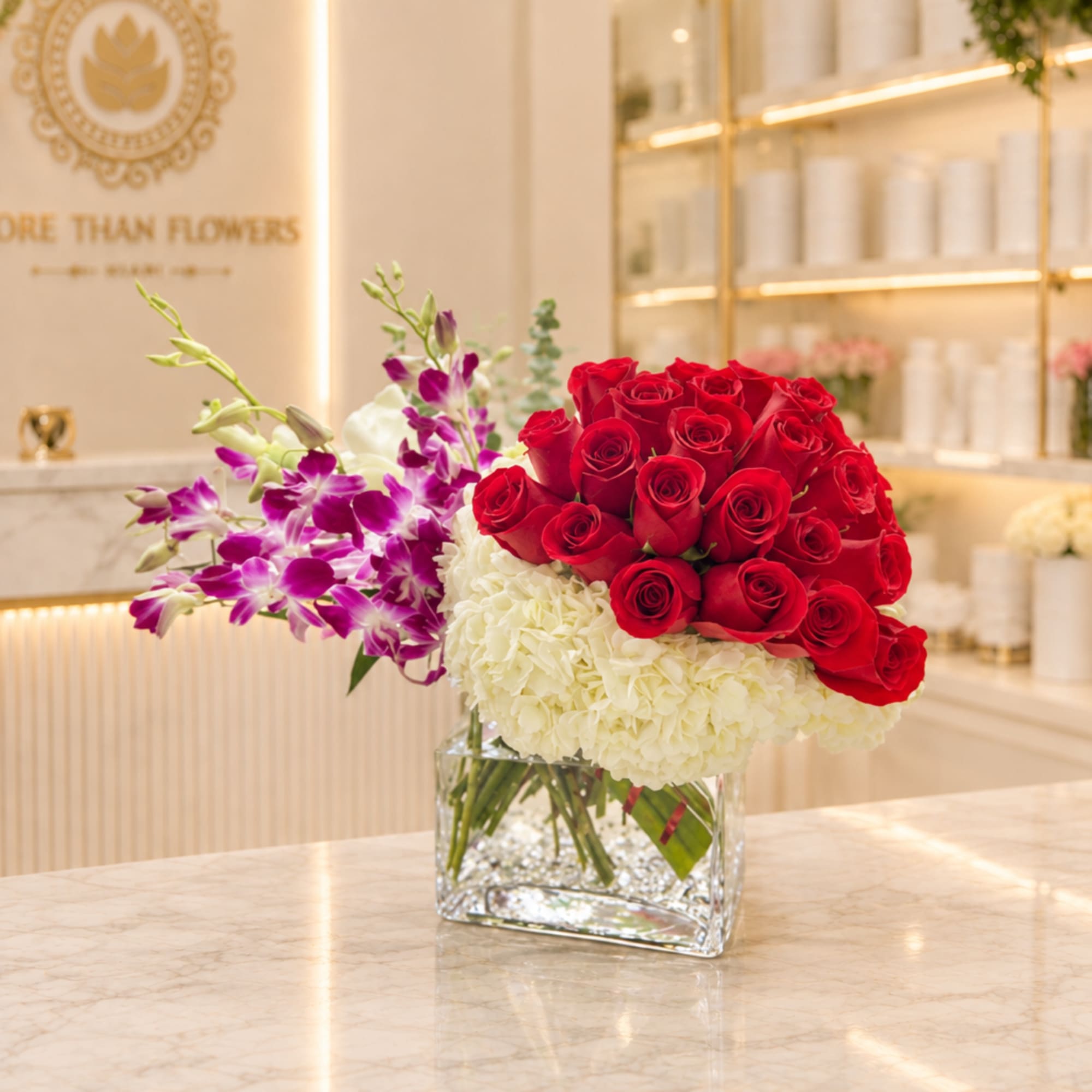 Red roses and white hydrangeas in a clear square vase with purple orchids