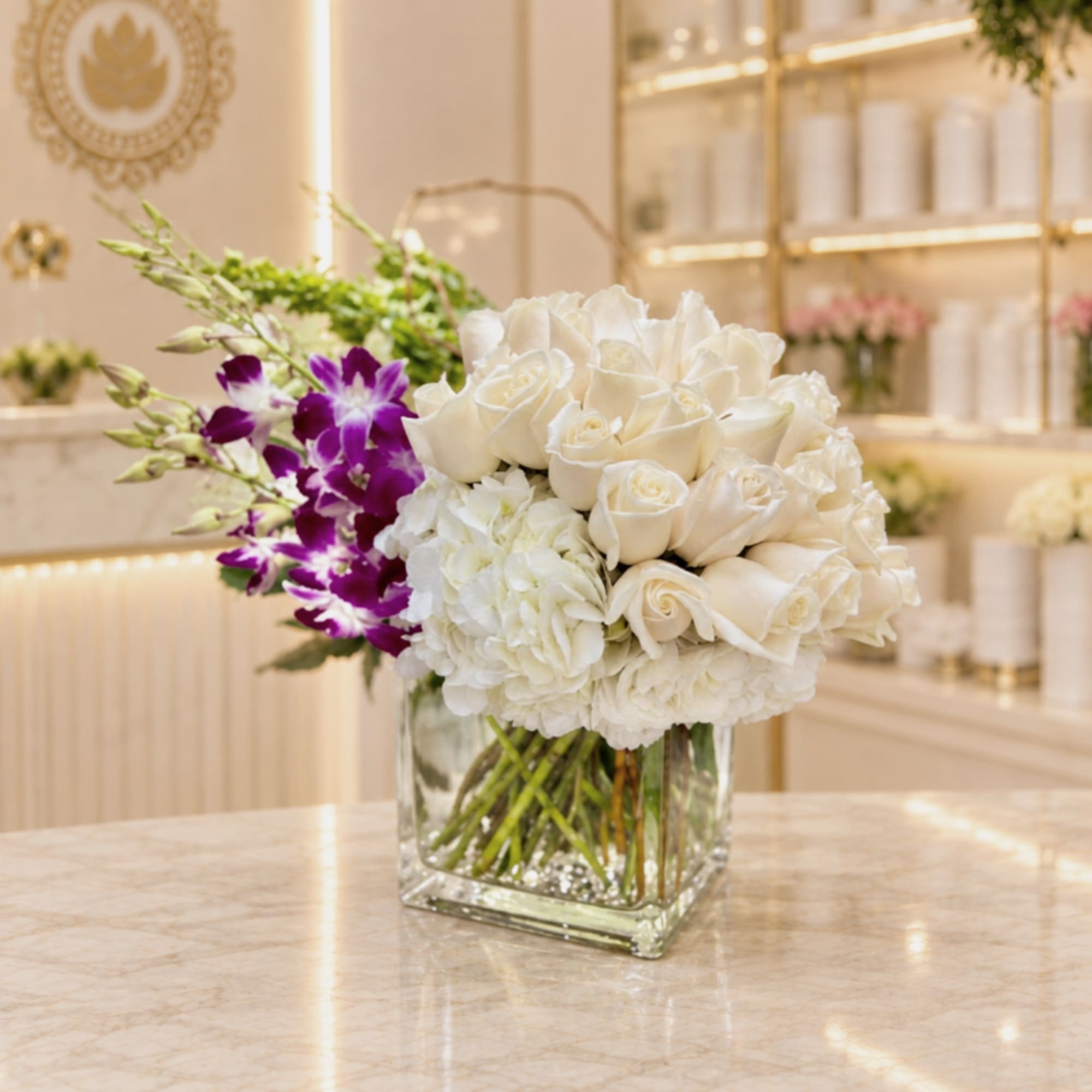 White roses and hydrangeas in a glass vase with purple orchids