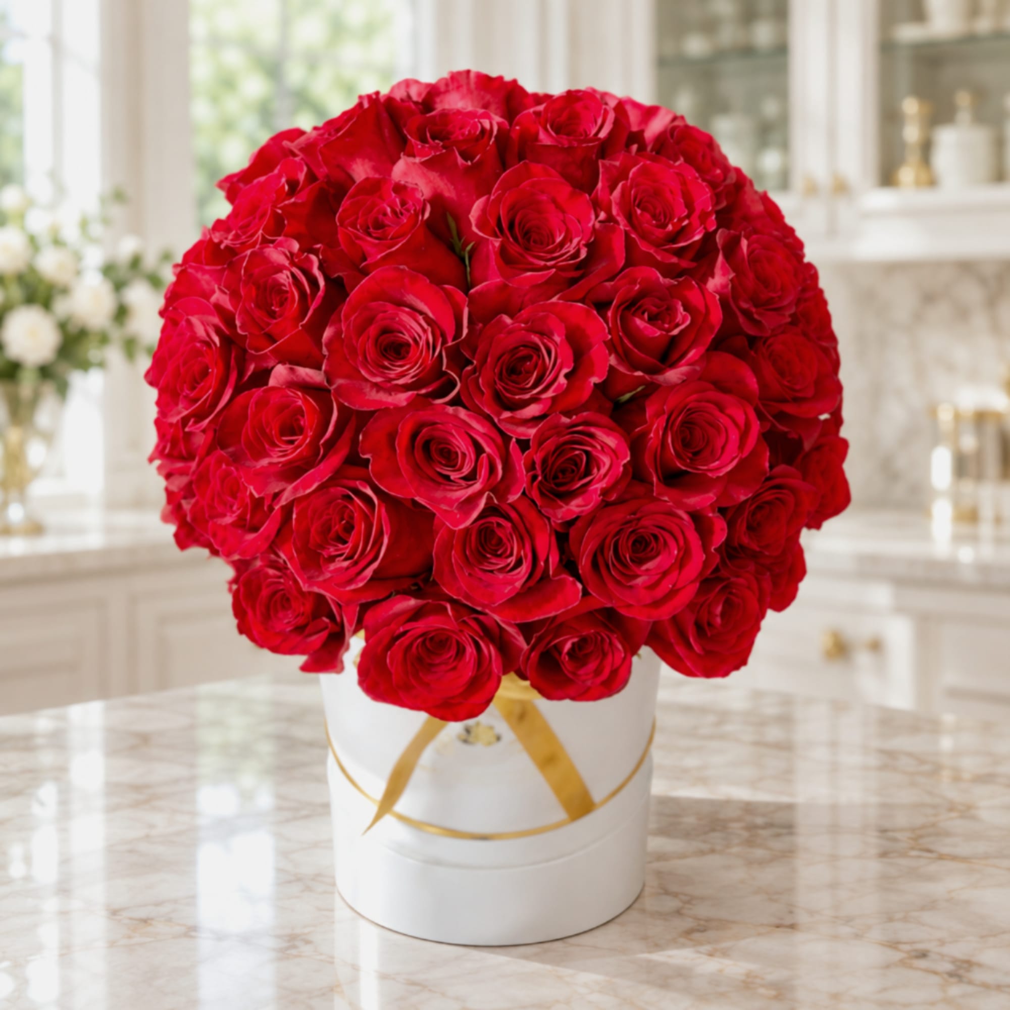 Round bouquet of red roses in a white hatbox with gold ribbon