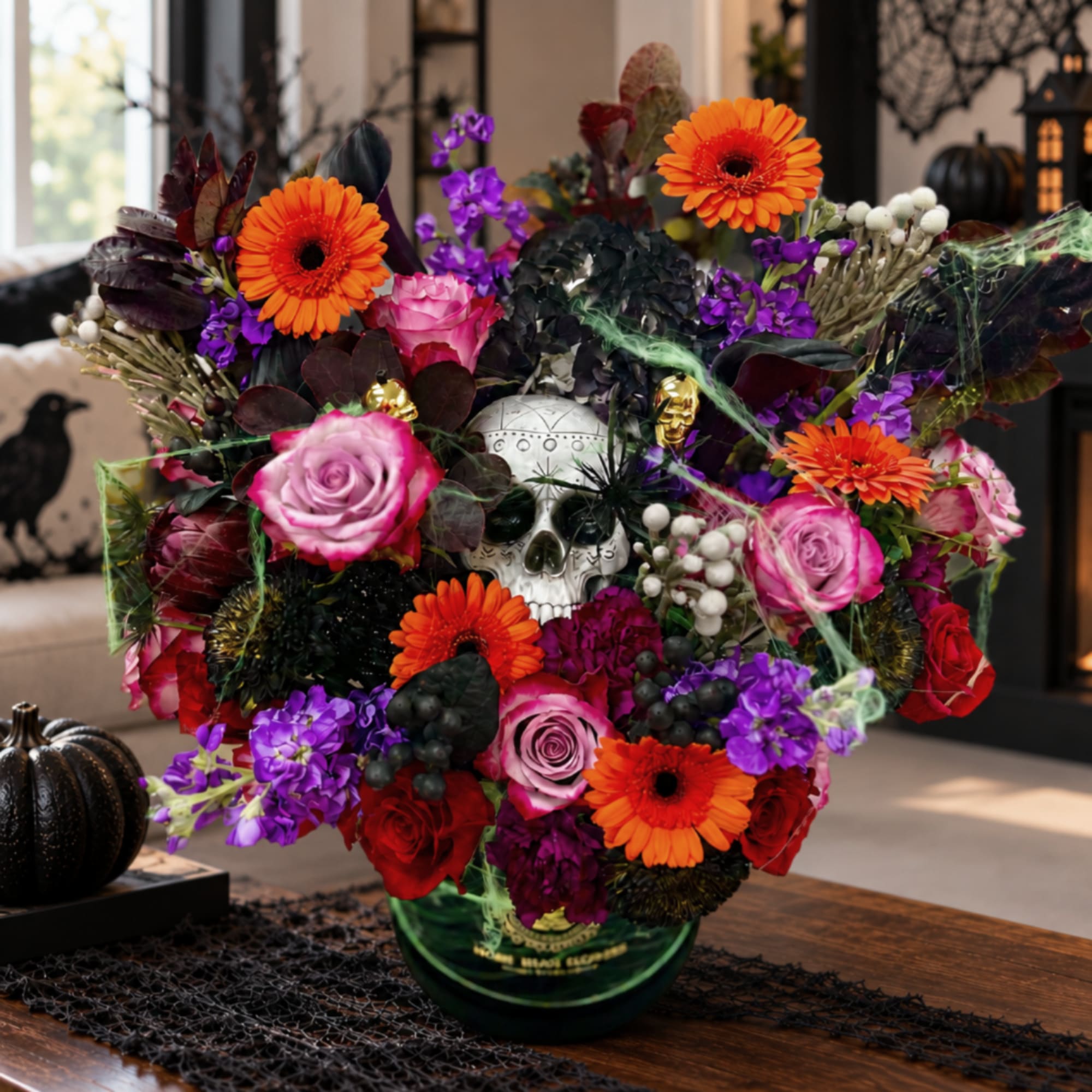 Halloween bouquet with roses, gerbera daisies, and a skull centerpiece in a vase
