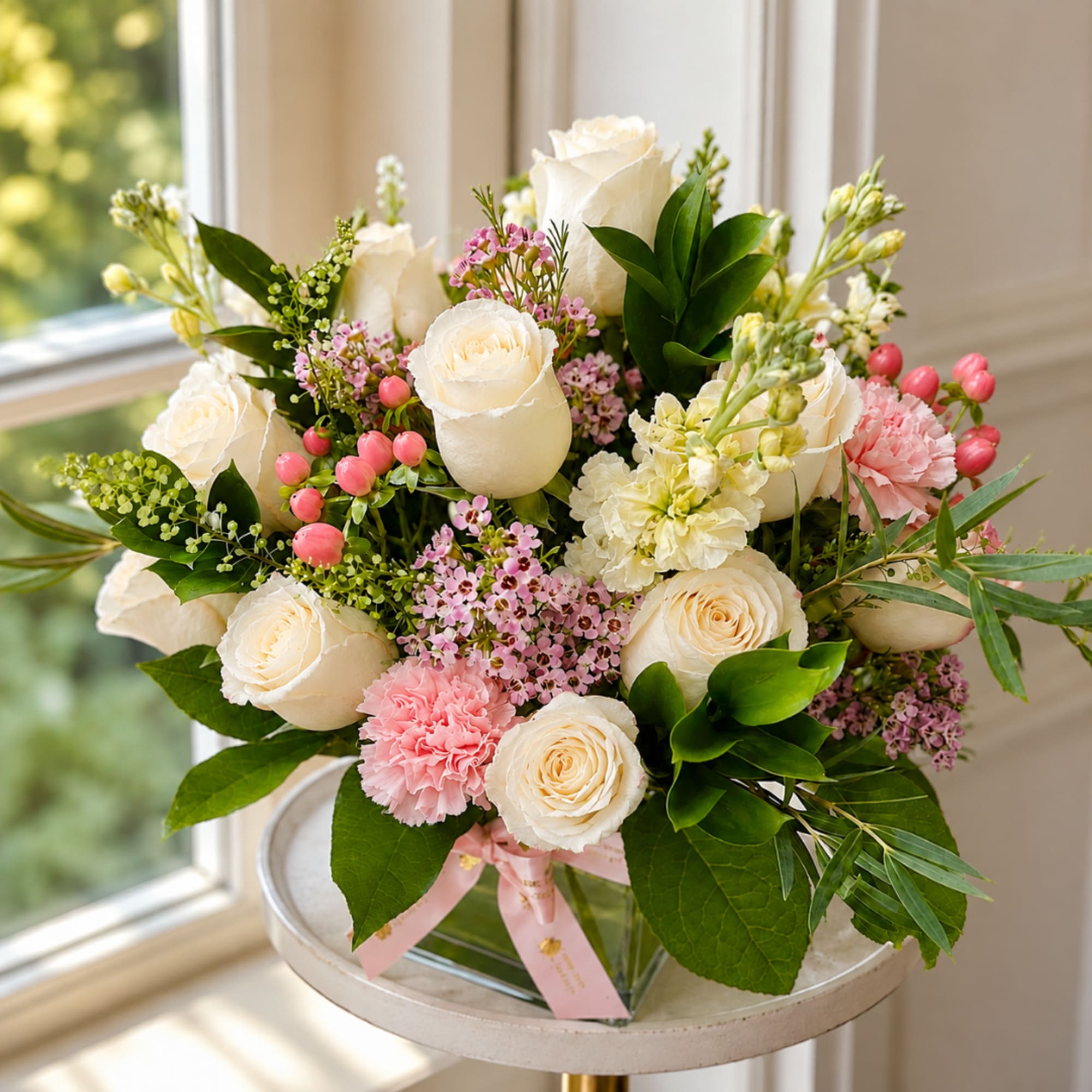 Bouquet of white roses and pink flowers in a clear glass vase