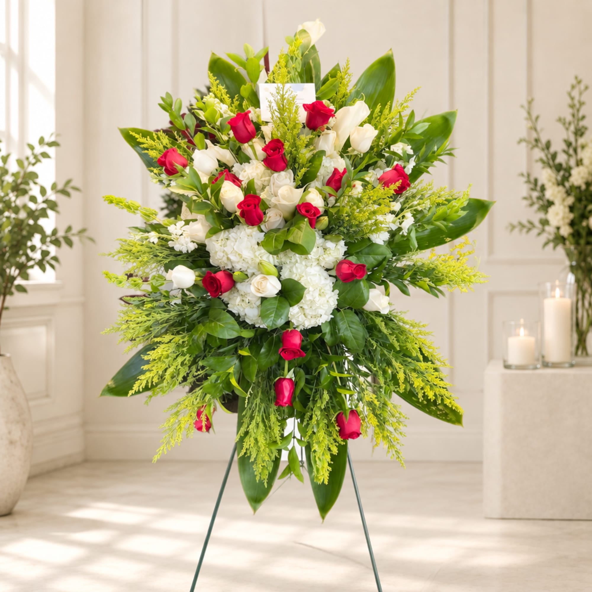 Standing floral spray of red and white roses with white hydrangea on an easel