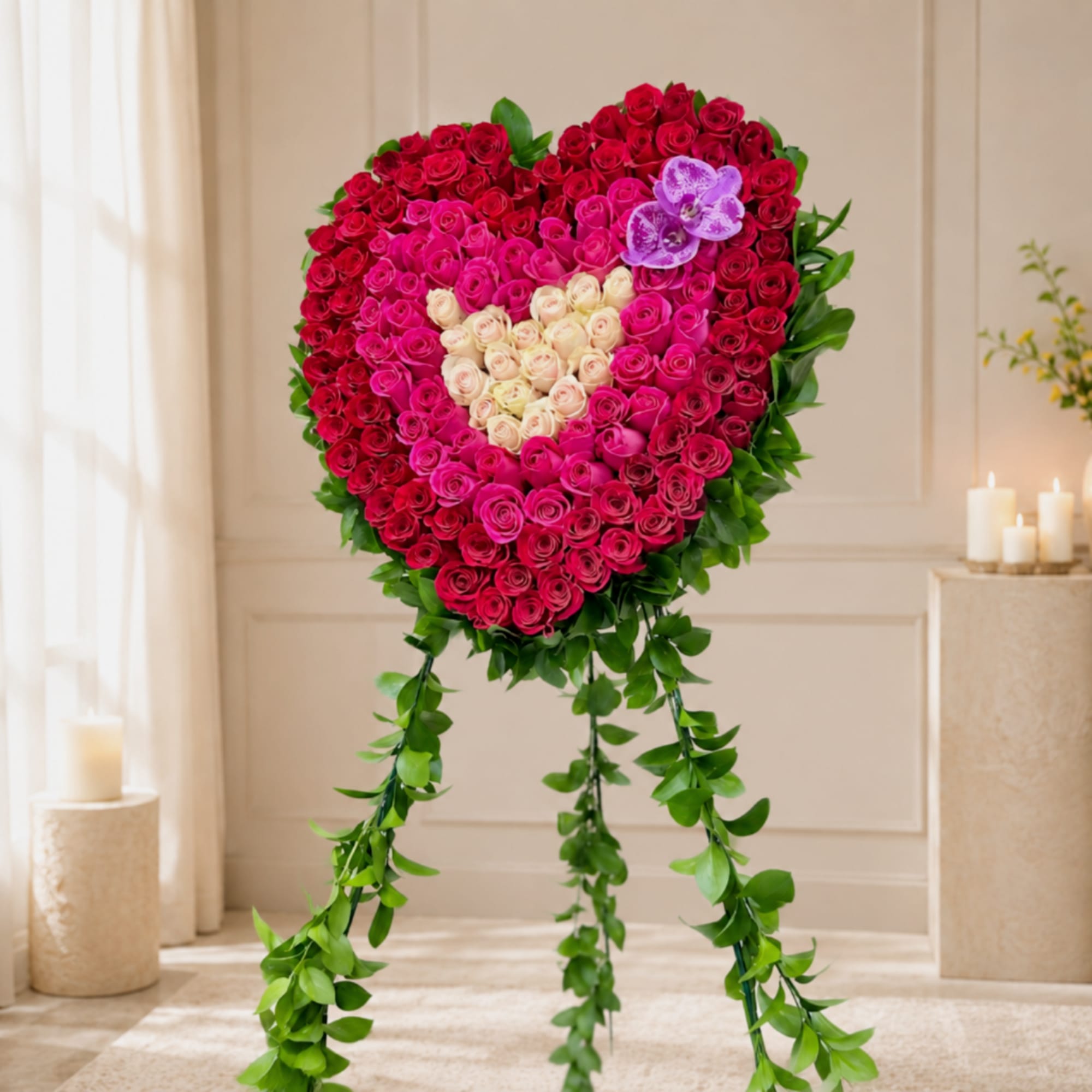 Heart-shaped rose arrangement on a stand with hanging greenery