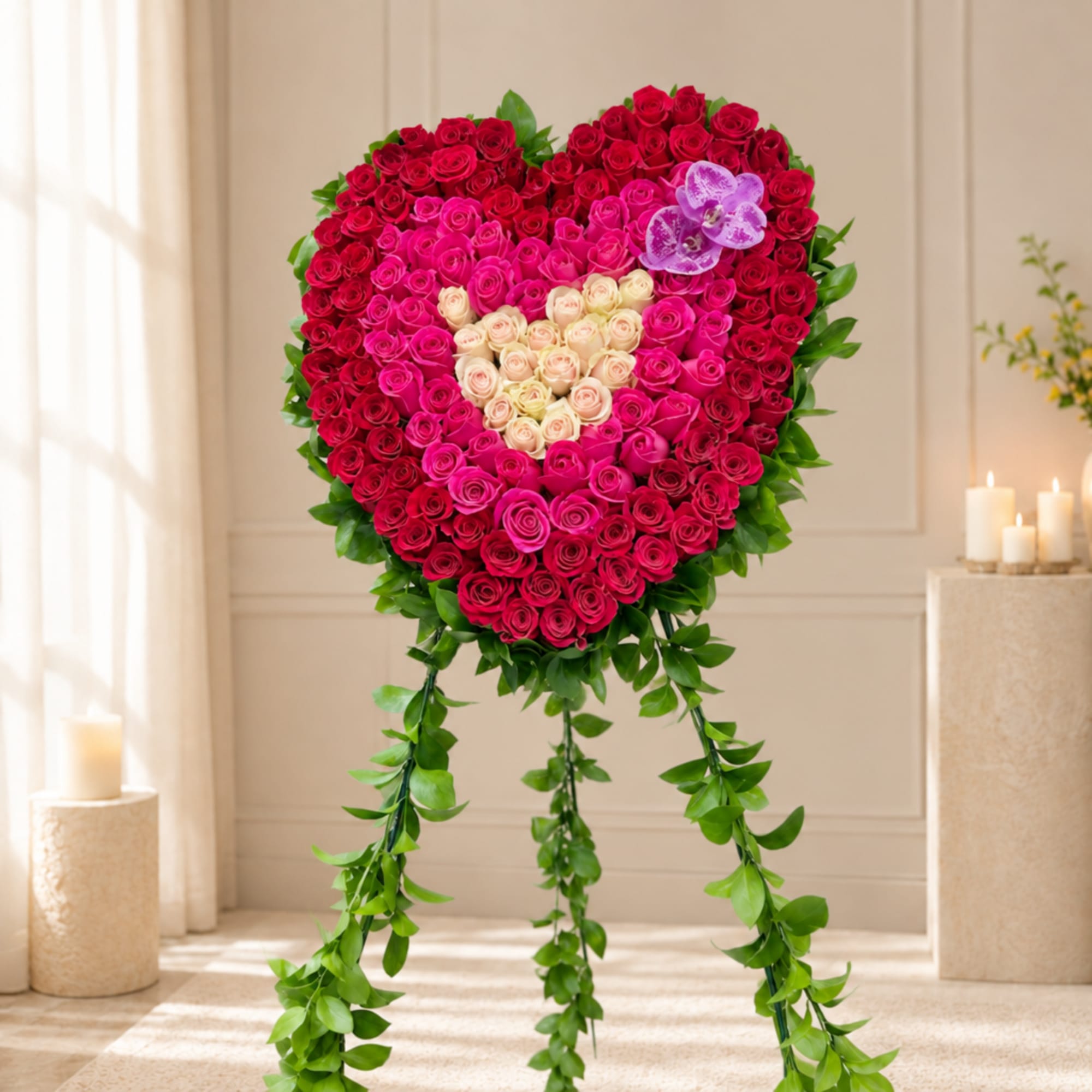Heart-shaped rose arrangement on a stand with hanging greenery, photo 2 of 3