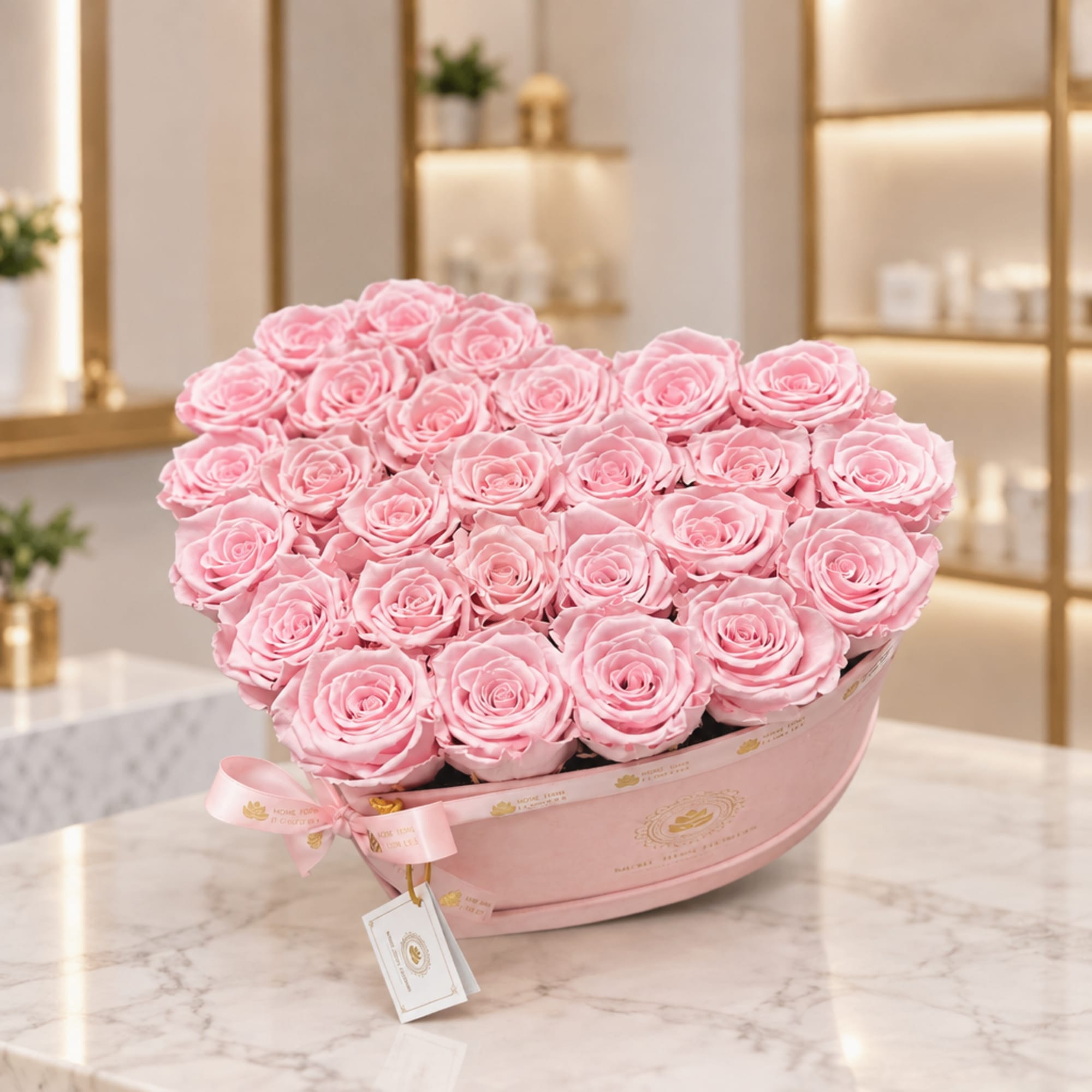 Pink roses arranged in a heart-shaped pink box with a ribbon