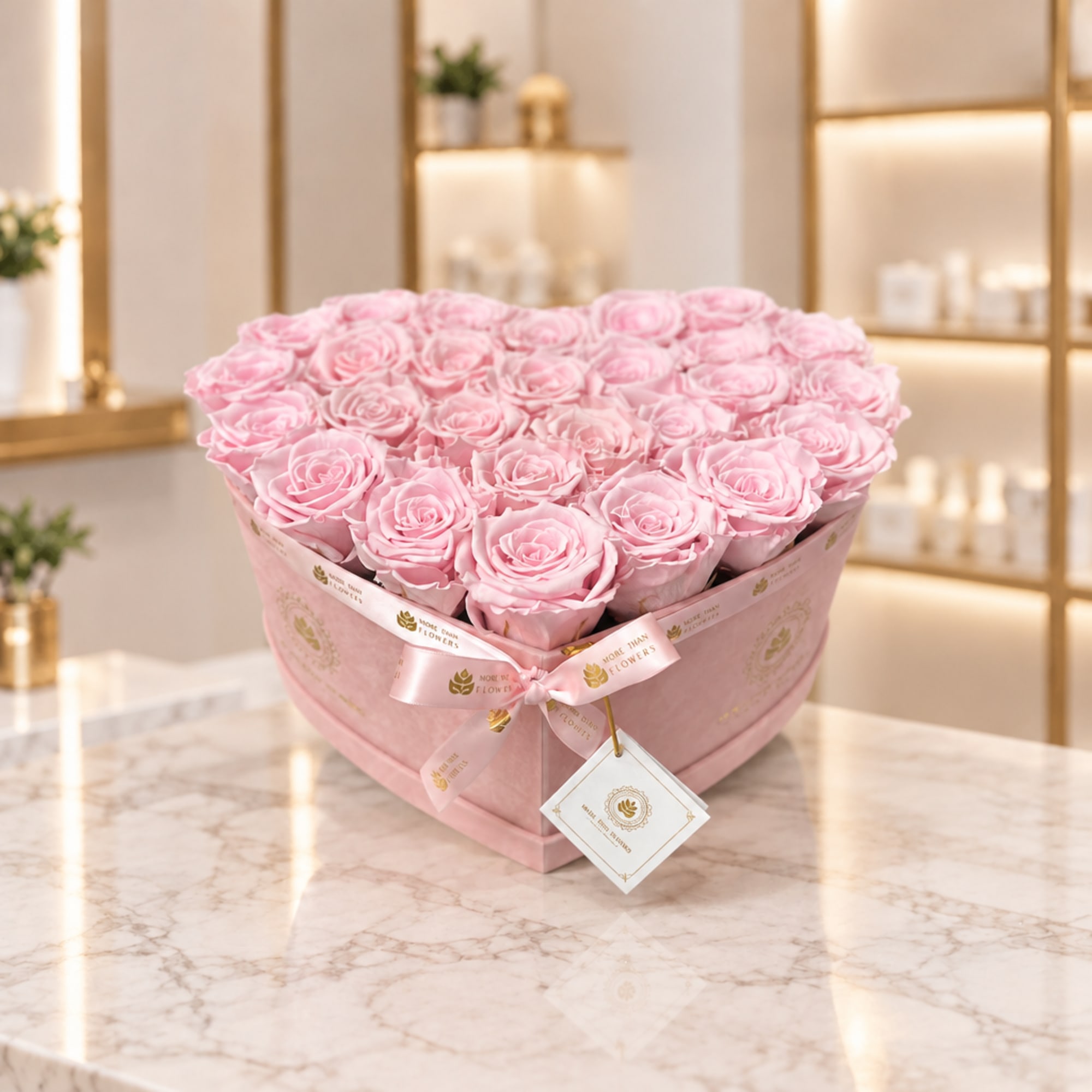 Heart-shaped box of pink roses tied with a satin ribbon