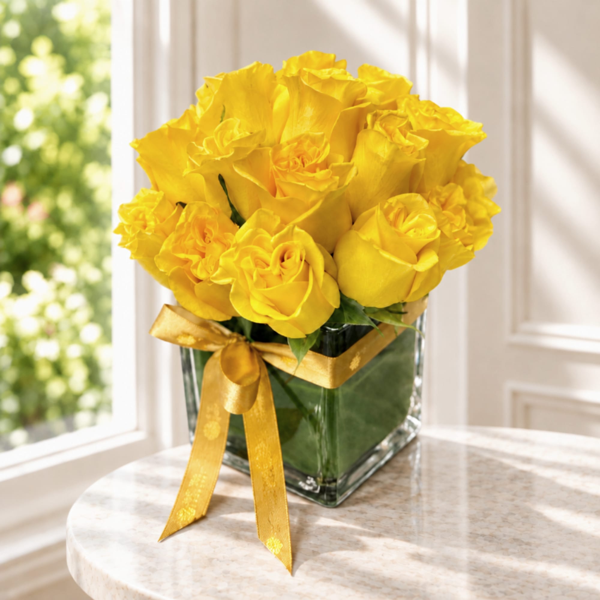 Yellow roses in a square glass vase with a gold ribbon