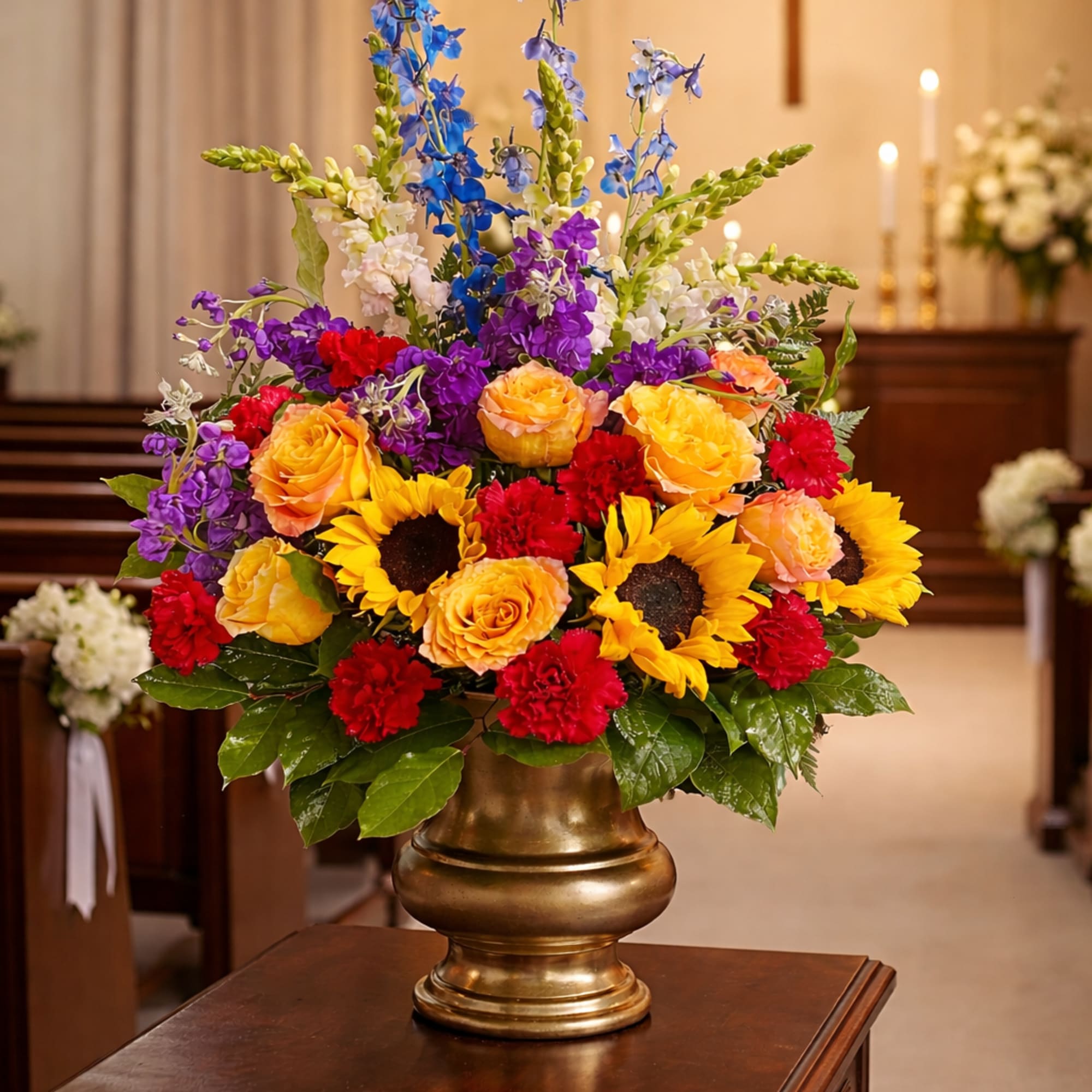 Colorful floral arrangement in a gold urn at the front of a church