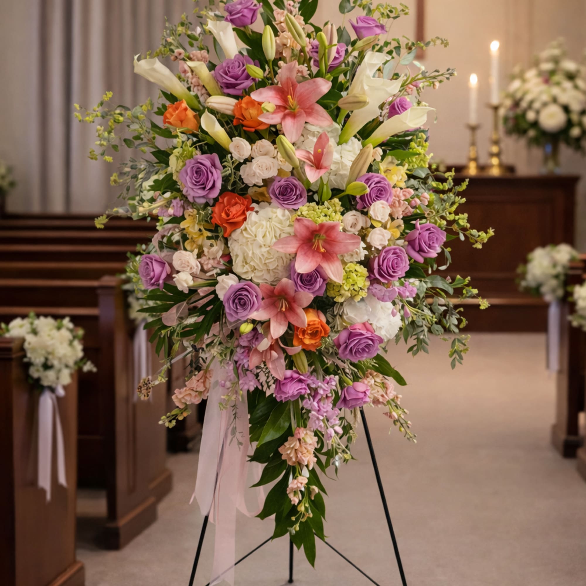 Large standing floral spray with pink, purple, white, and orange blooms