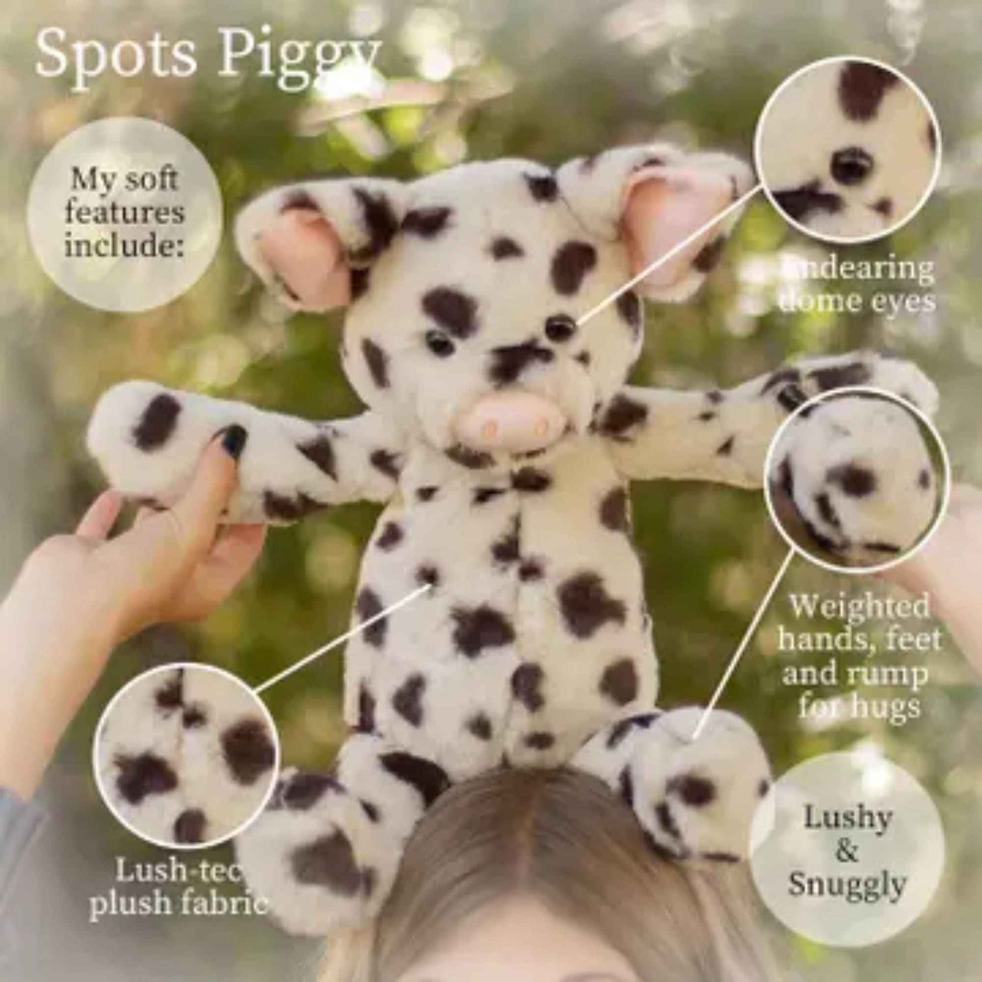 Dalmatian-pattern plush teddy bear held up outdoors with text overlays