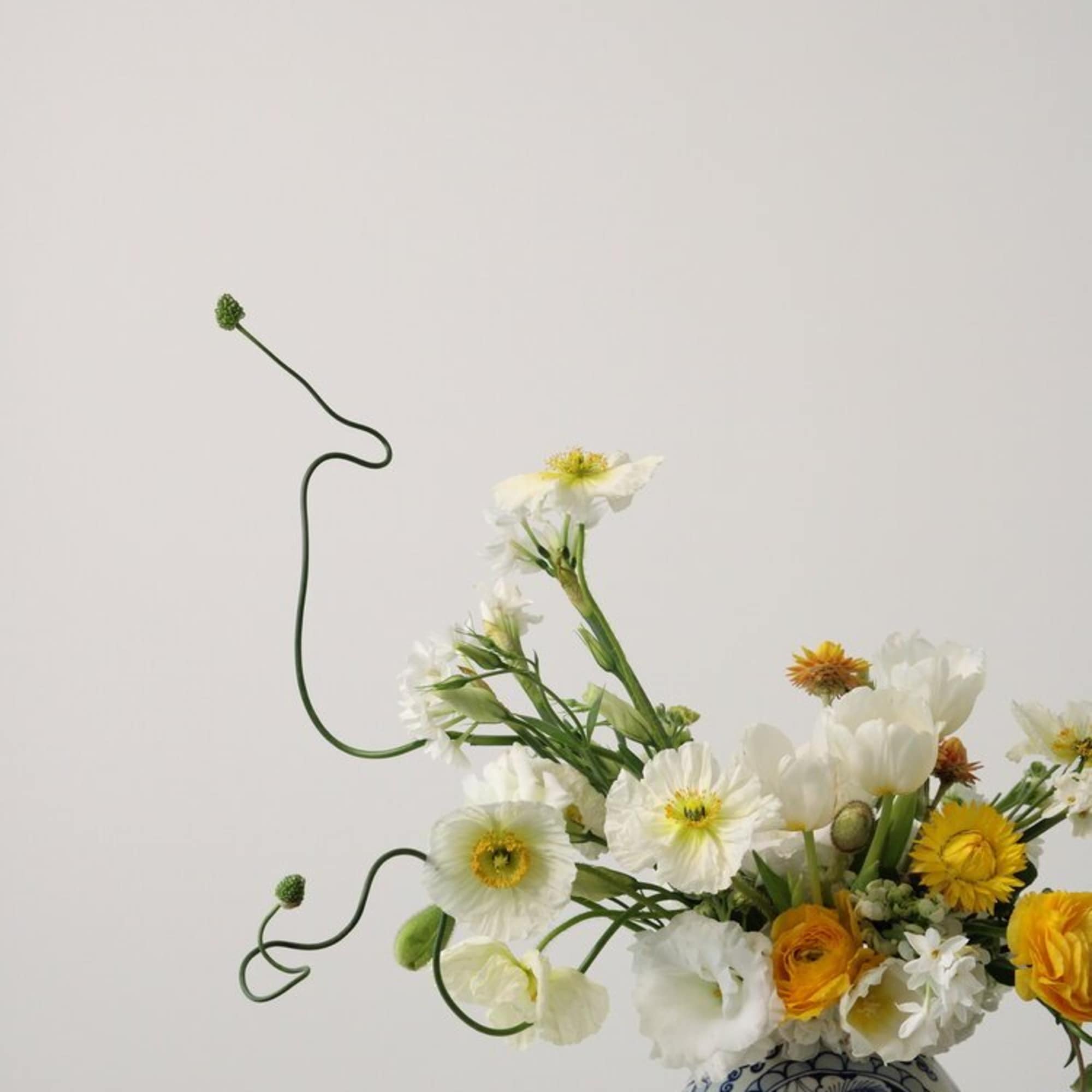 White and yellow flowers in a blue-and-white vase with lemons beside it