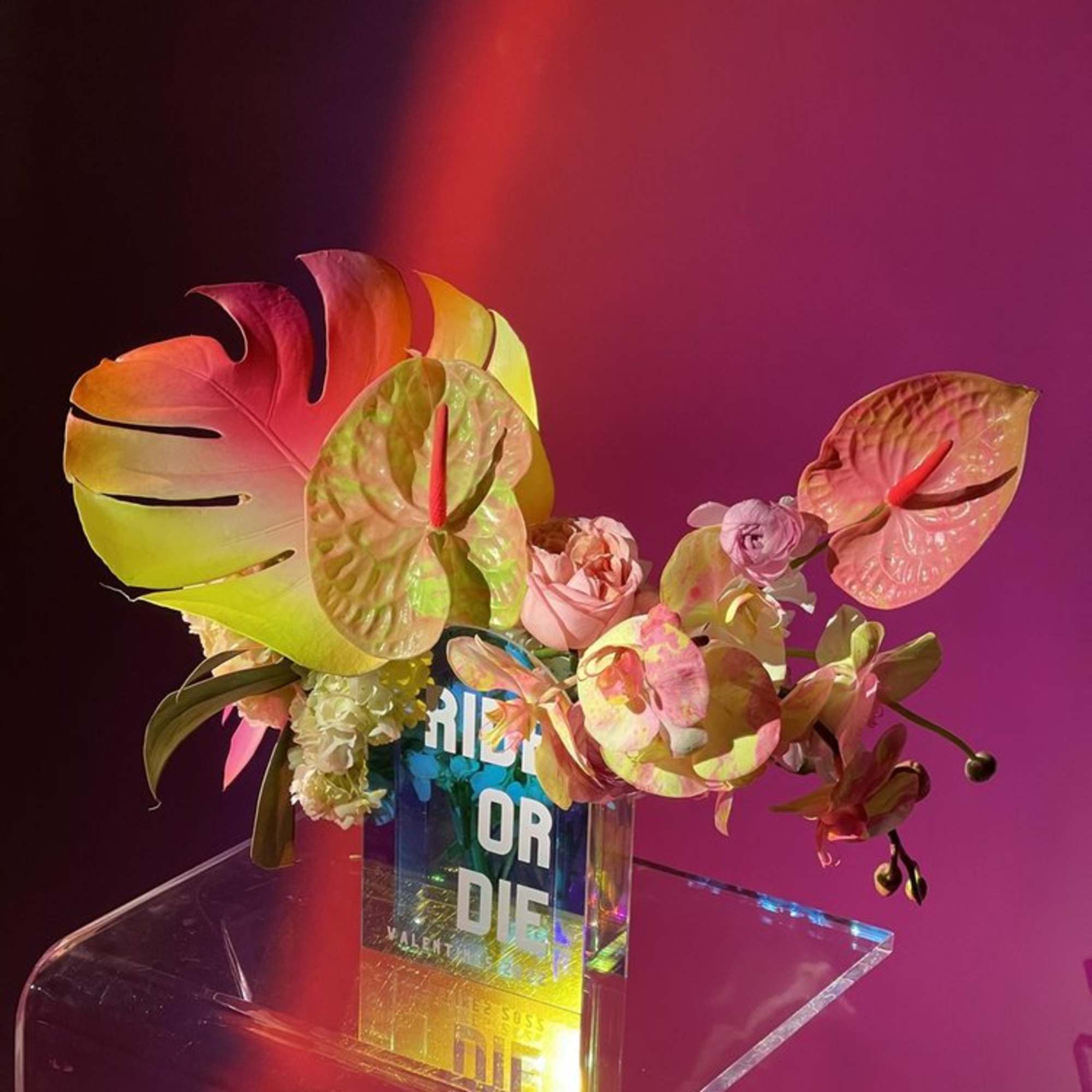 Tropical floral arrangement with anthuriums and roses in a clear acrylic vase