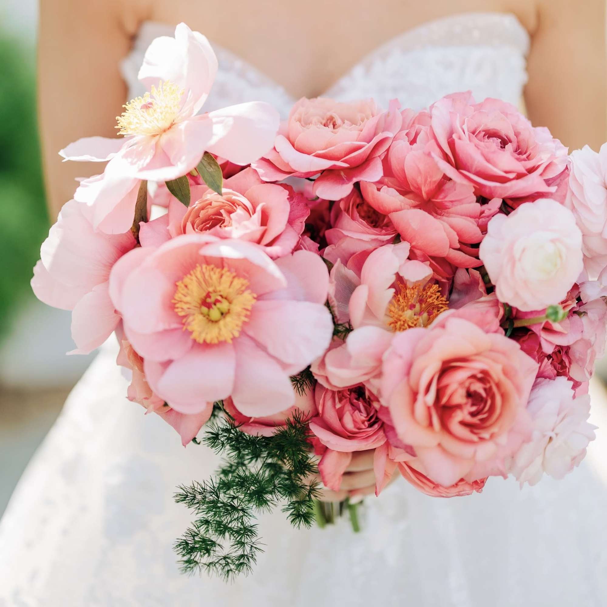 Pink bridal bouquet with roses and large pale blossoms
