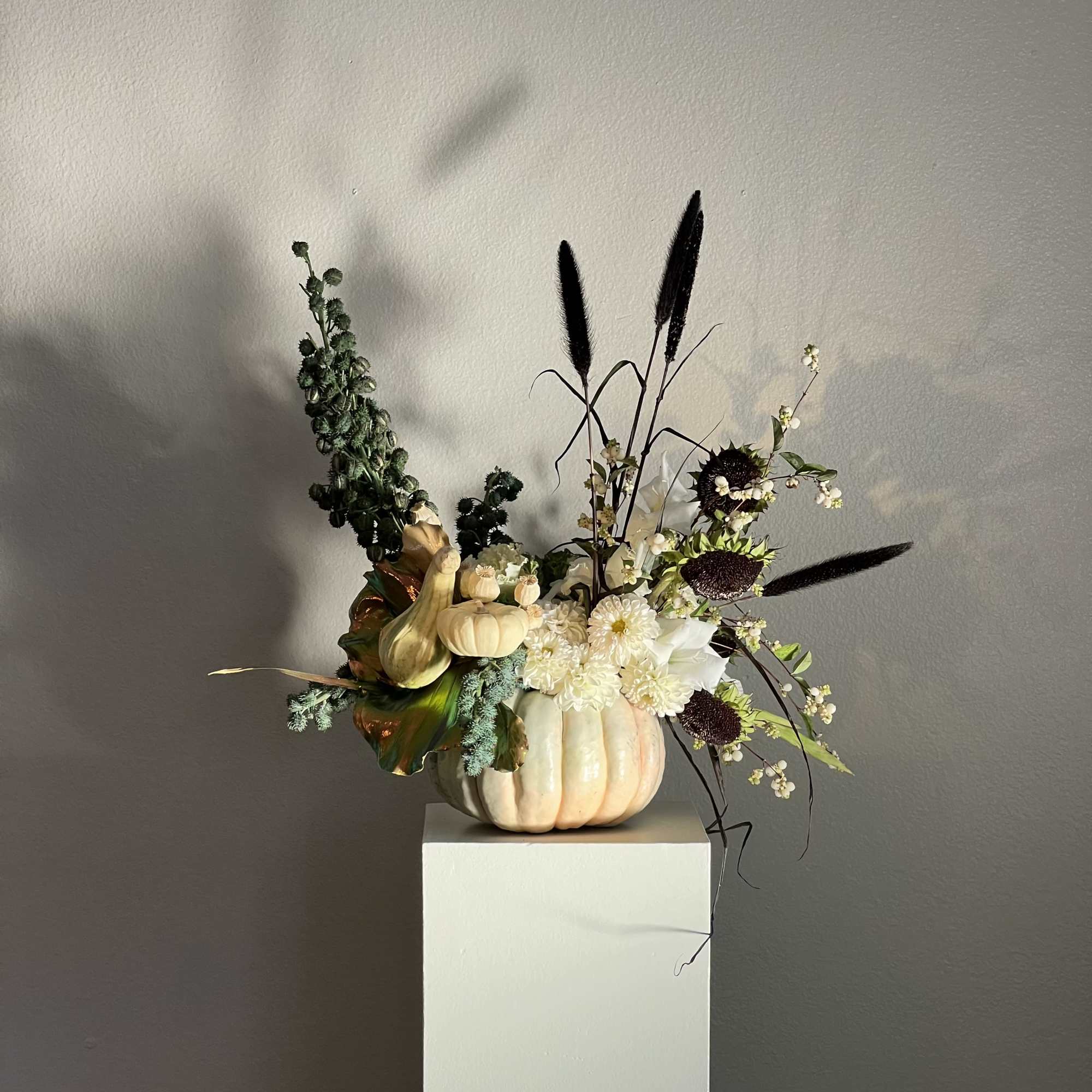 Pumpkin arrangement with white flowers and dark ornamental grasses