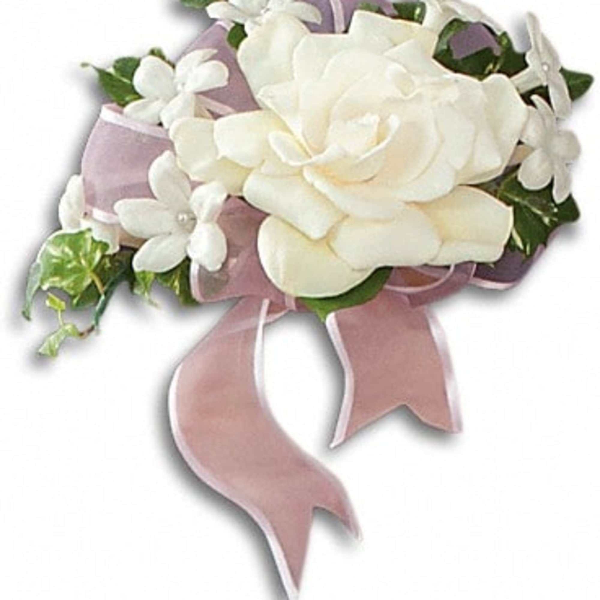 White floral corsage with pink ribbon and green leaves