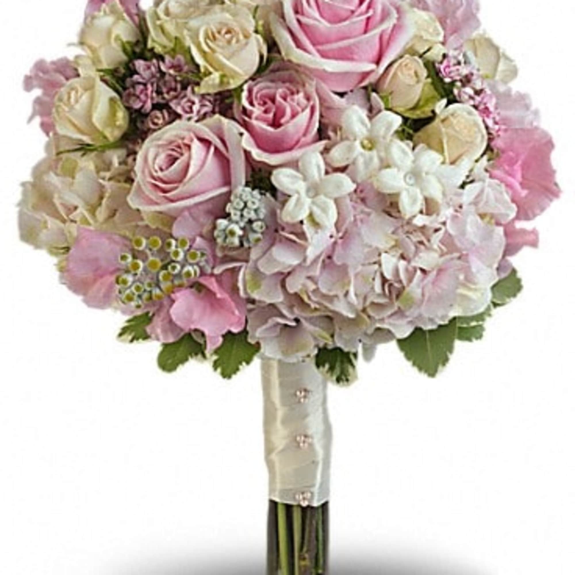 Pink and cream rose bouquet with white blossoms and hydrangea