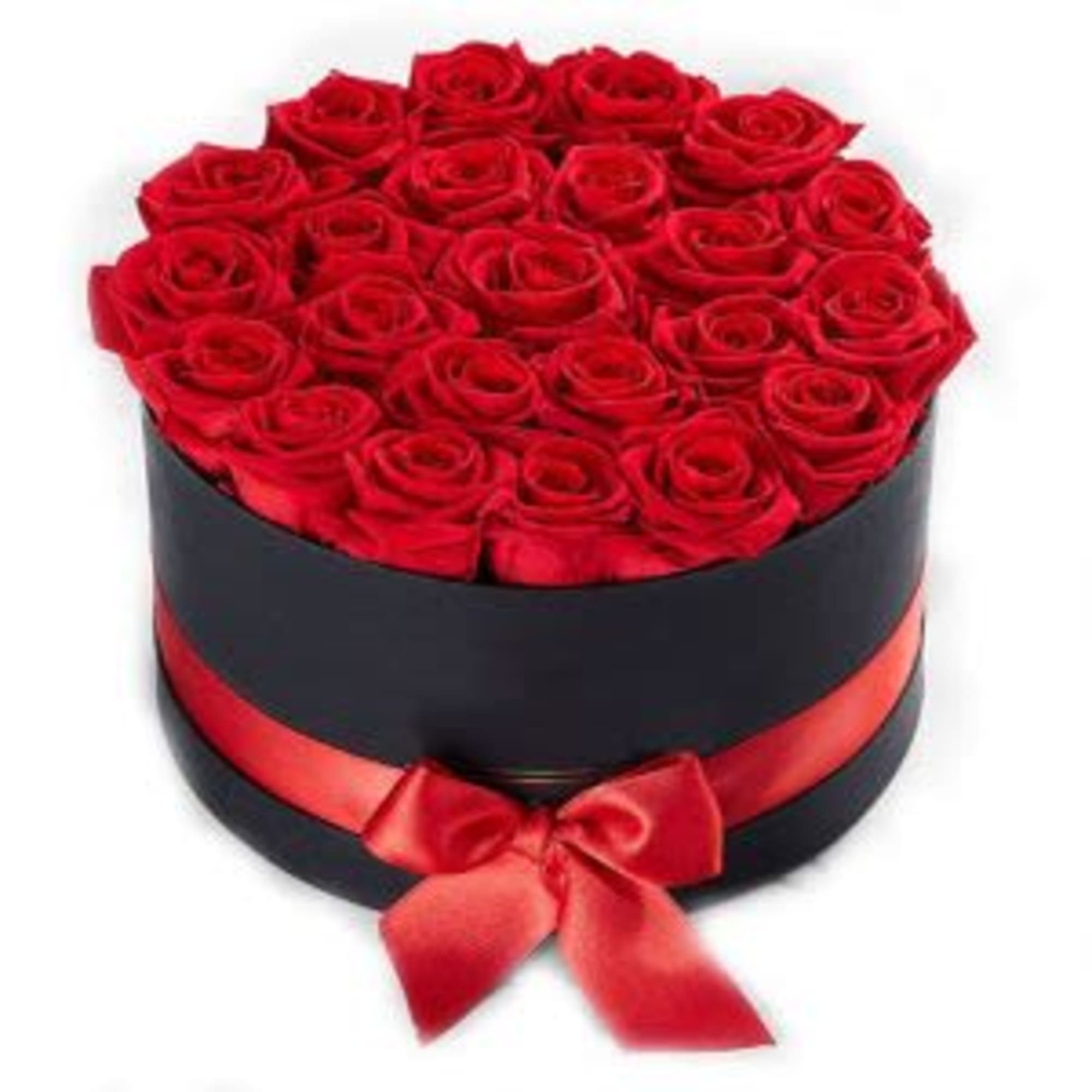 Round box of red roses tied with a red ribbon
