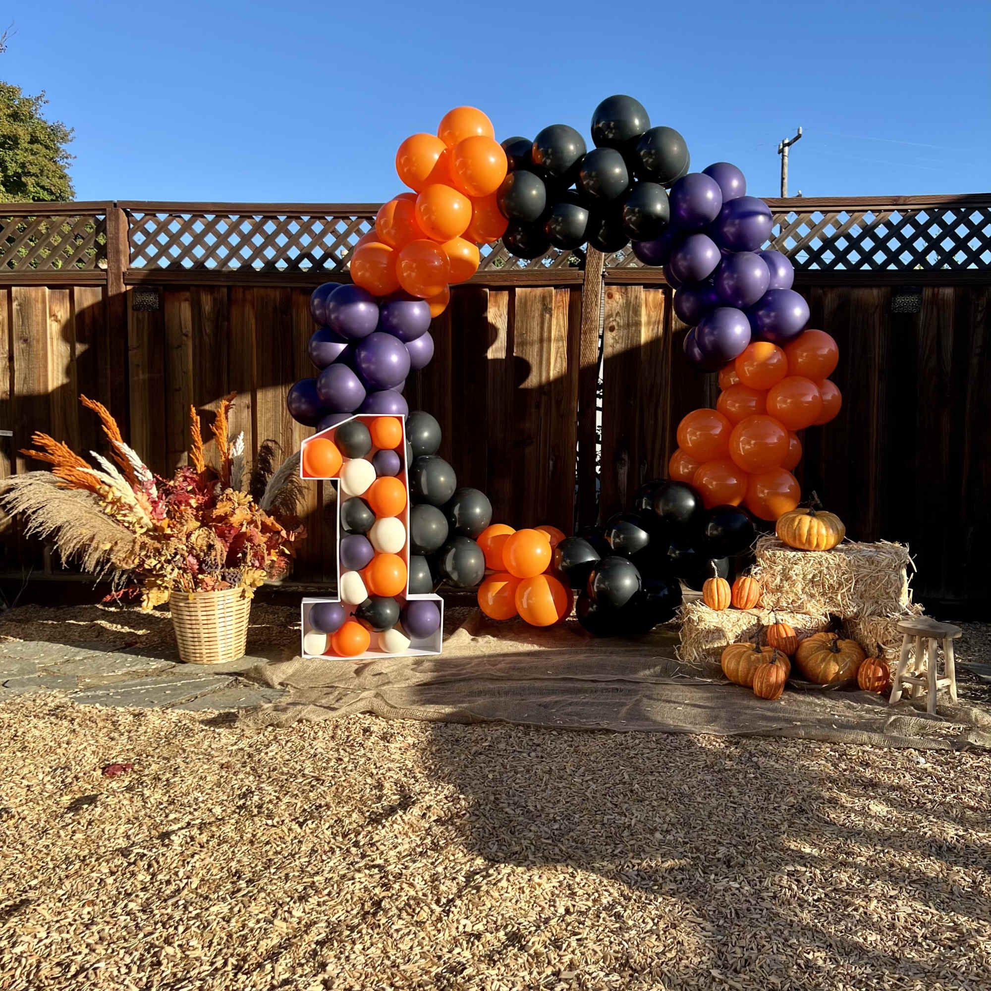 Balloon arch with pumpkins and autumn decor outdoors